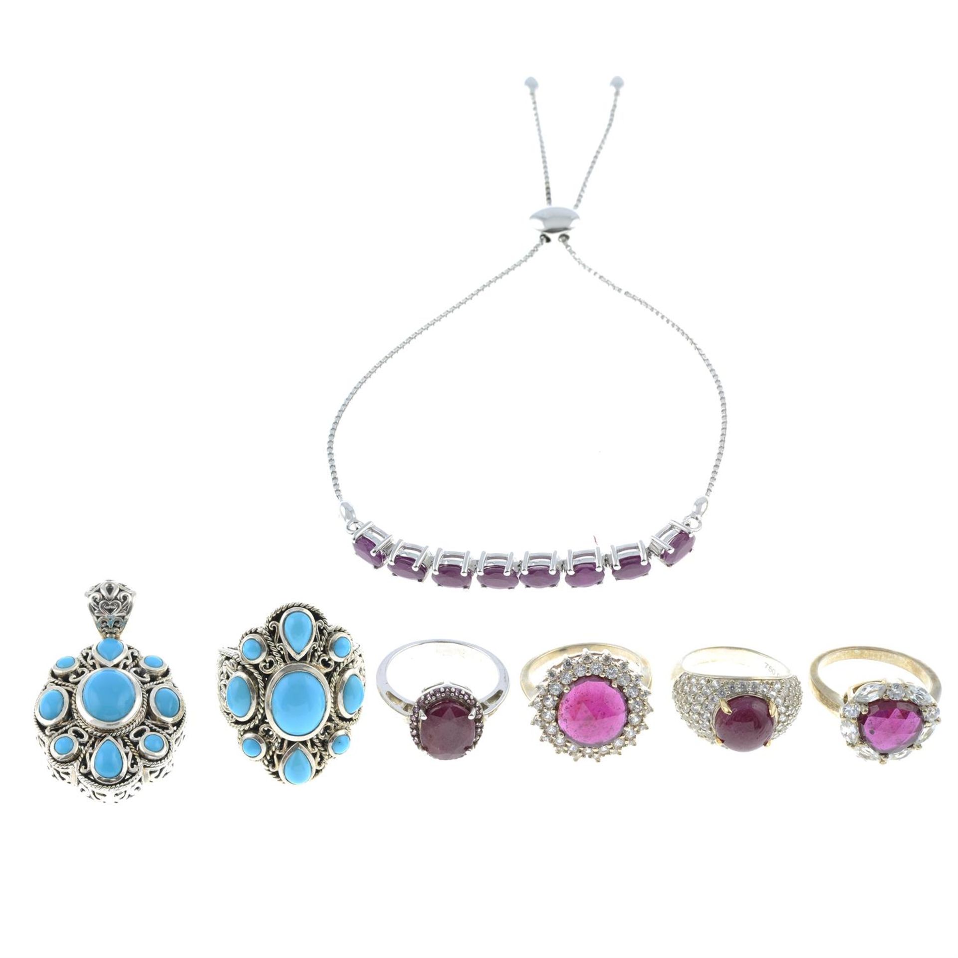 A small selection of gem-set jewellery, to include five rings, a bracelet and a pendant.