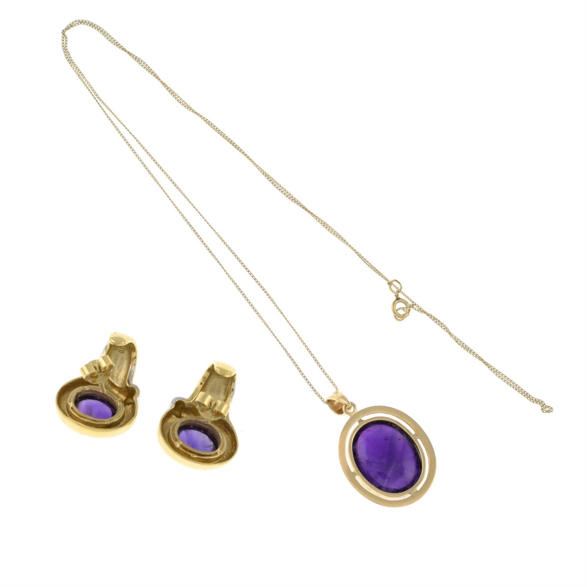 A pair of amethyst and diamond earrings and an amethyst pendant, suspended from a chain. - Image 2 of 2