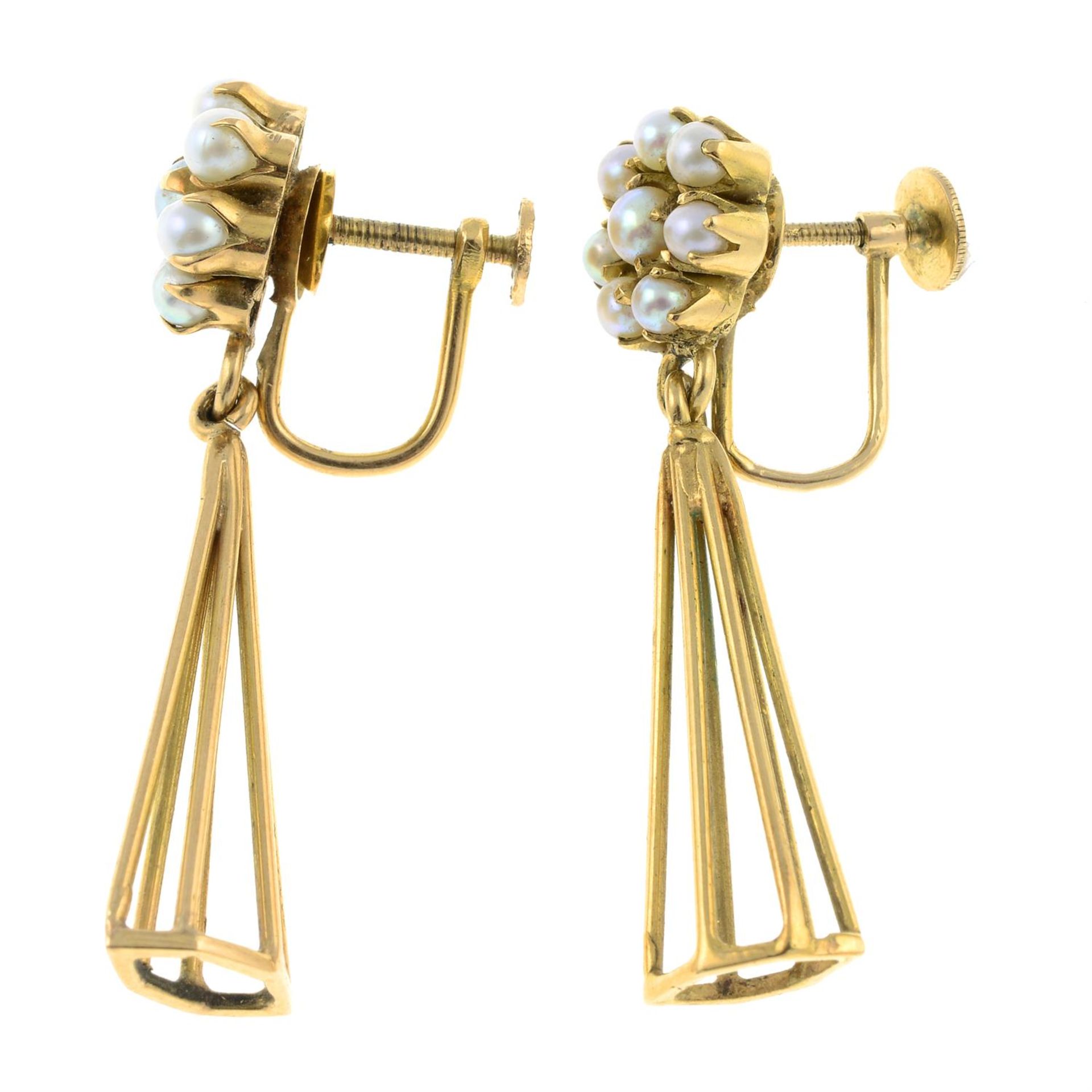 A pair of cultured pearl cluster drop earrings. - Image 2 of 2