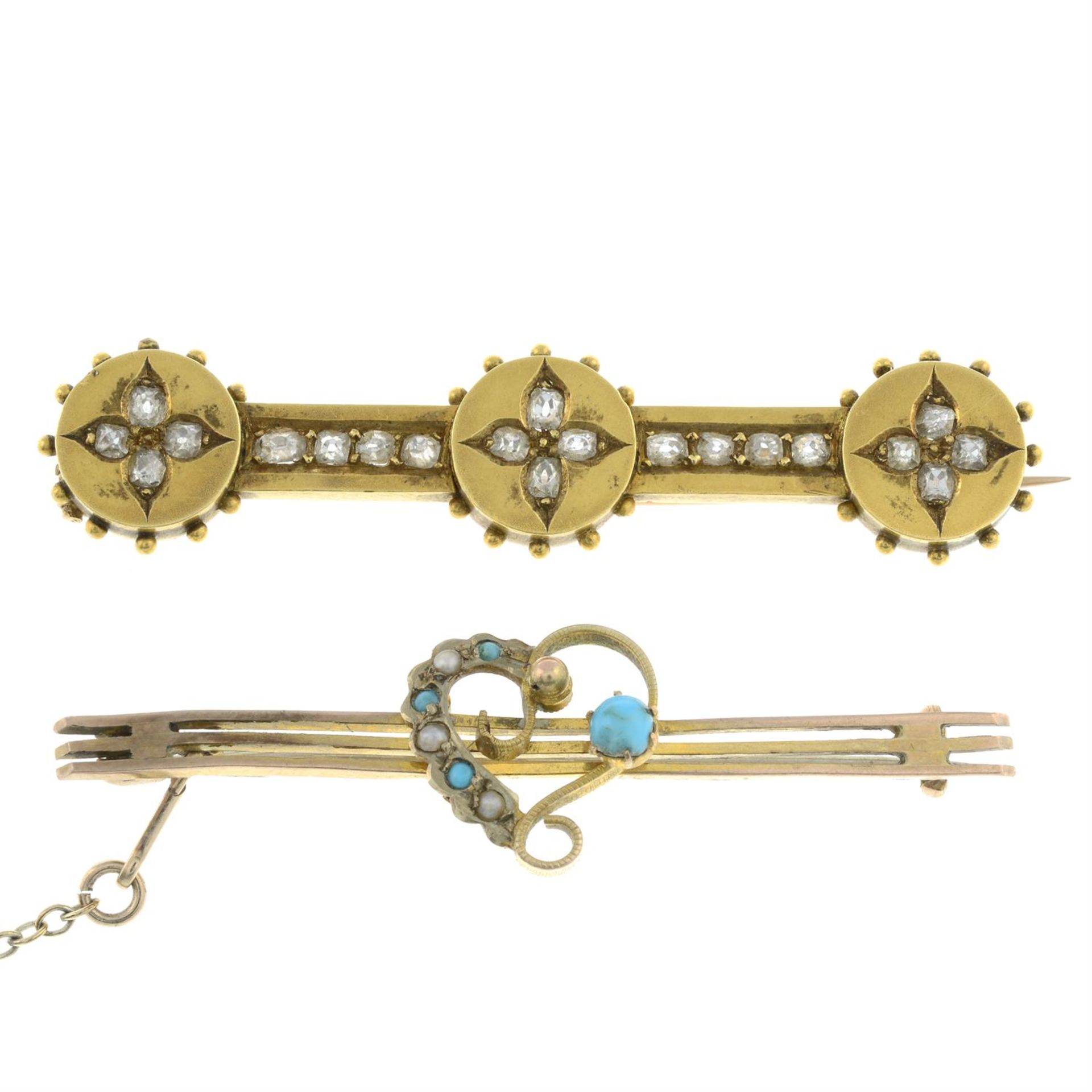 Two early 20th century gem-set bar brooches.