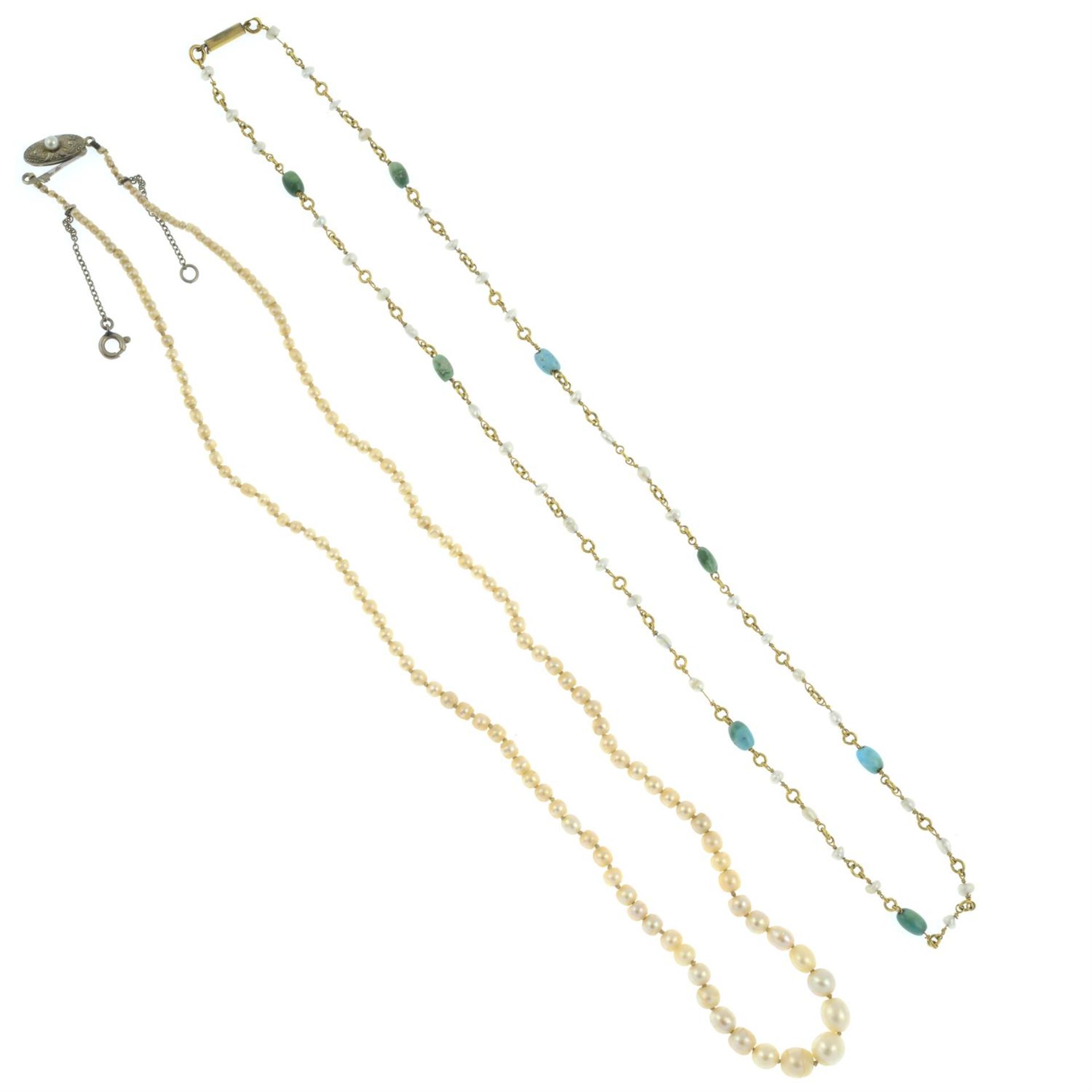 A graduated cultured pearl necklace together with a seed pearl and turquoise necklace.