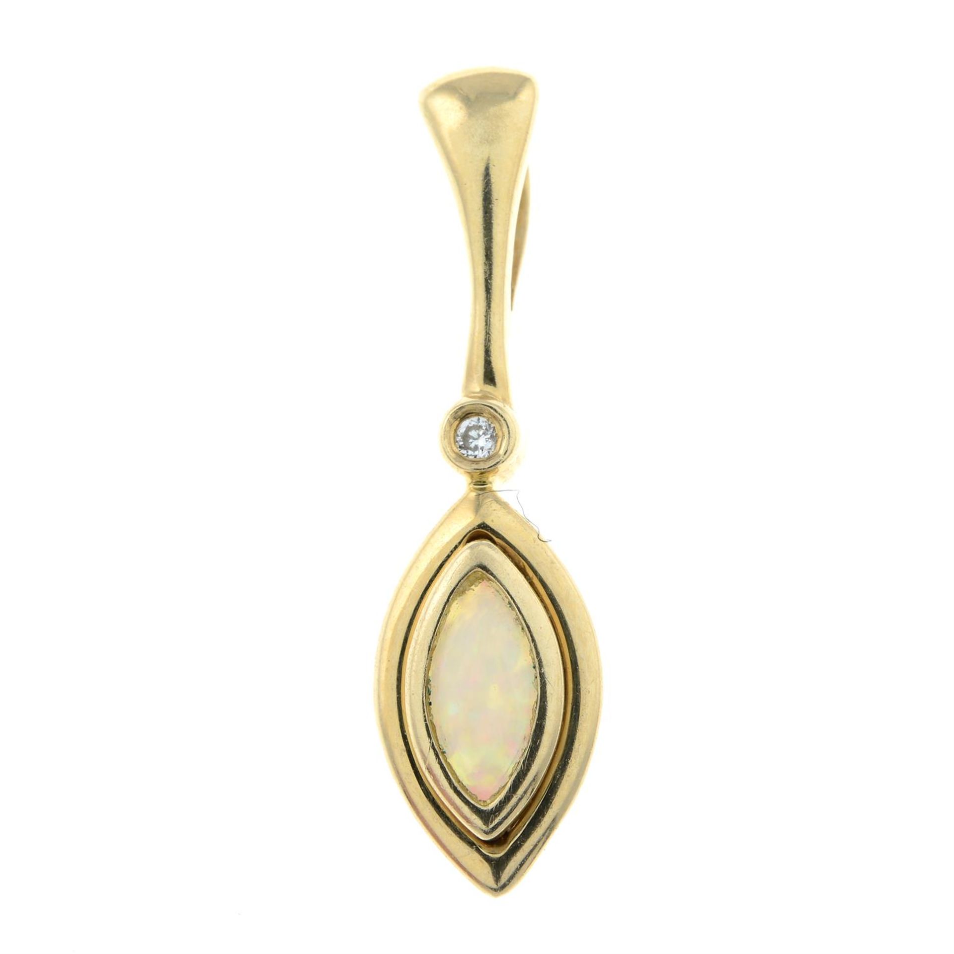 A 14ct gold opal and brilliant-cut diamond pendant.