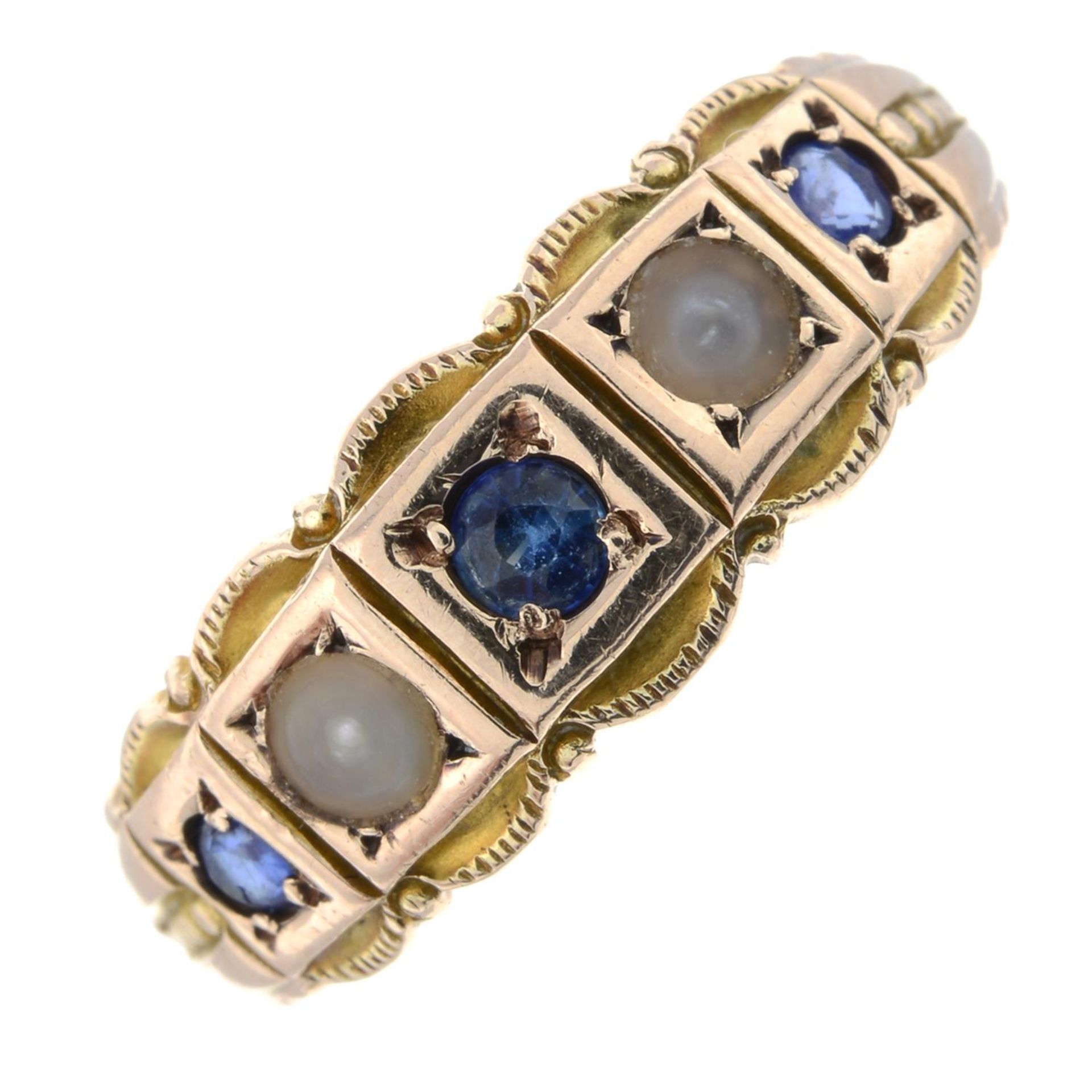 An Edwardian 9ct gold sapphire and split pearl five-stone ring