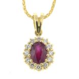 A ruby and brilliant-cut diamond cluster pendant, with chain.