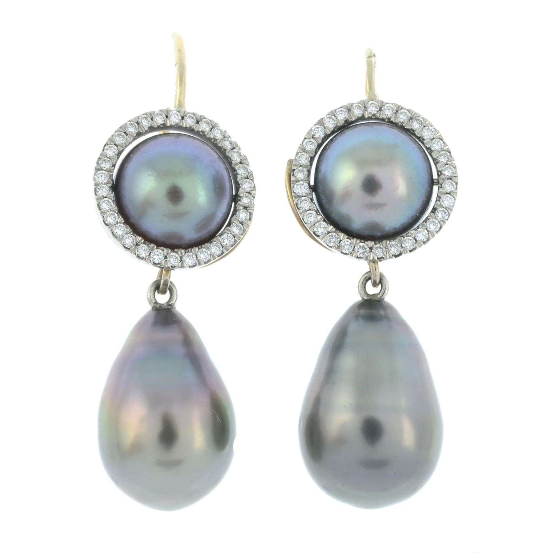 A pair of cultured pearl and diamond drop earrings.