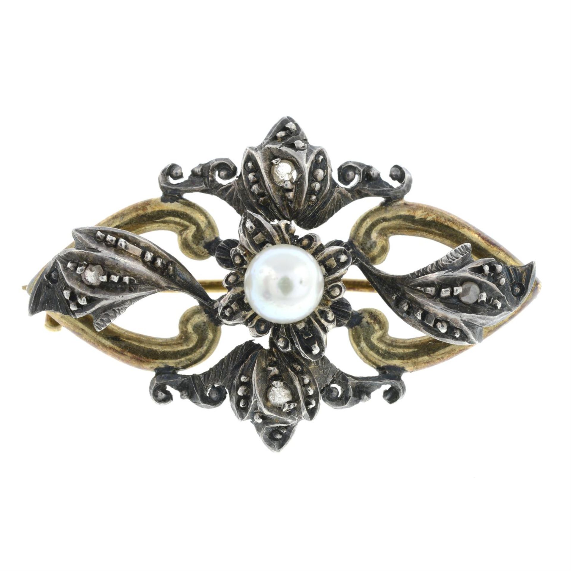 A late 19th century cultured pearl and rose-cut diamond brooch.