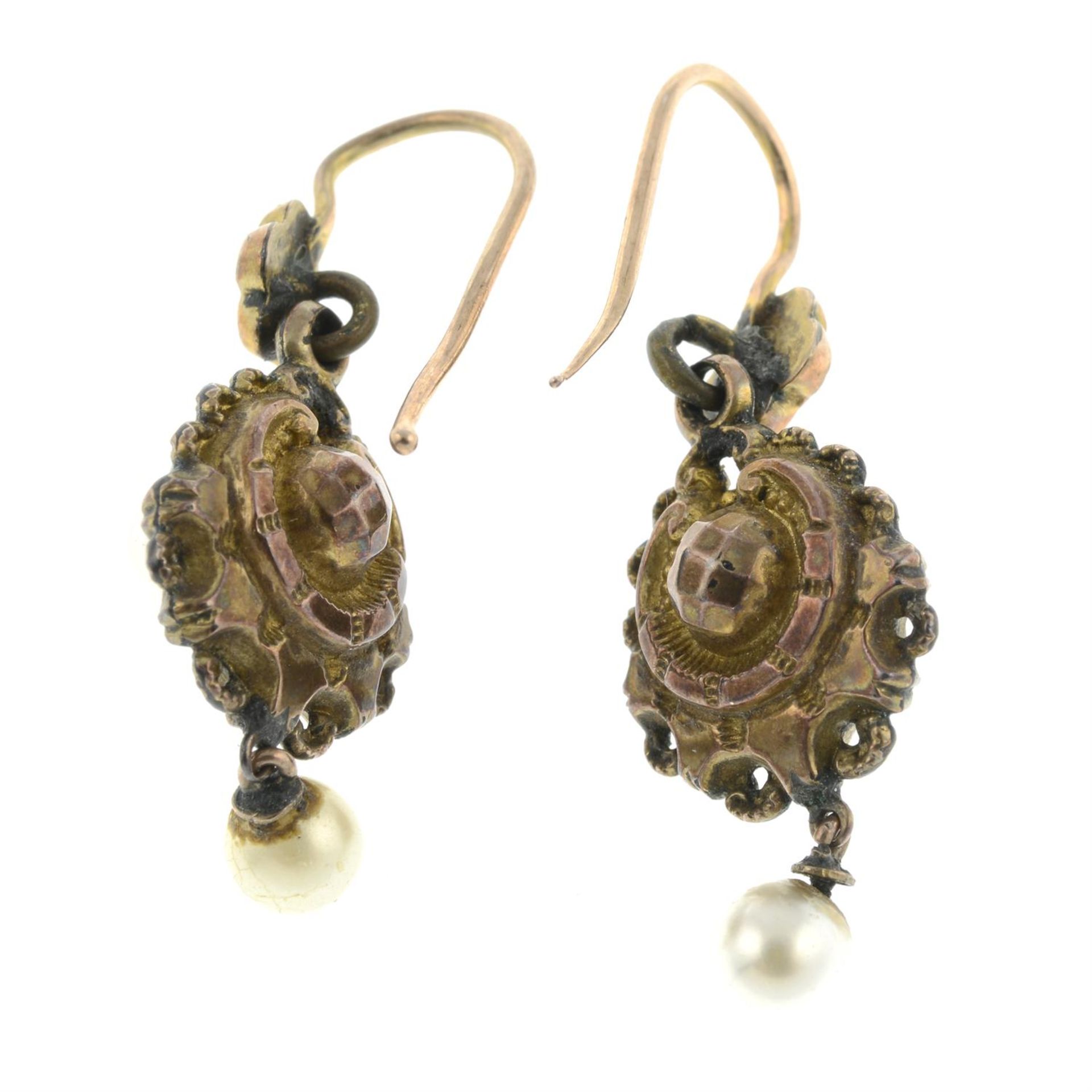 A pair of early 20th century ornate imitation pearl drop earrings. - Image 2 of 2