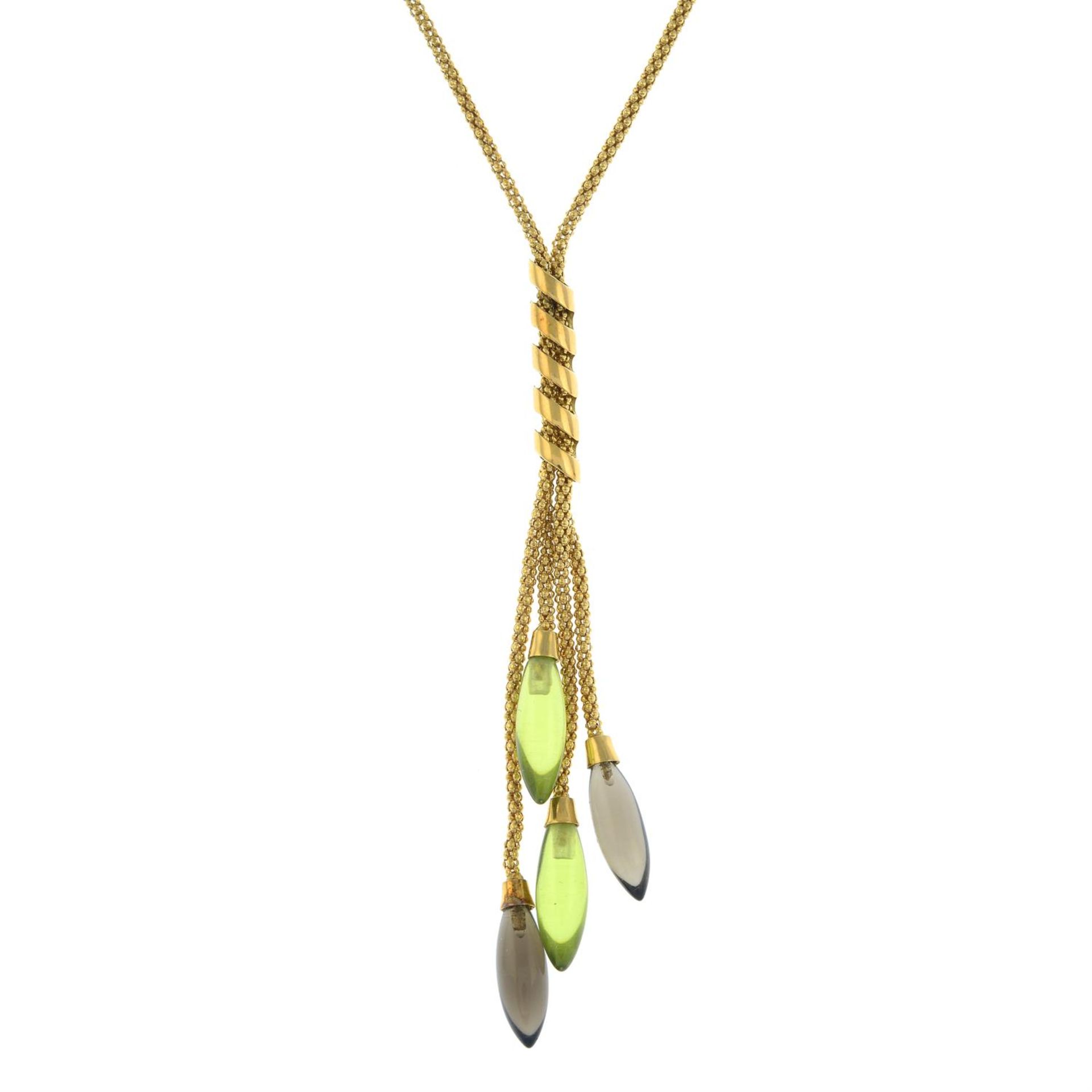 A peridot and smoky quartz drop necklace.