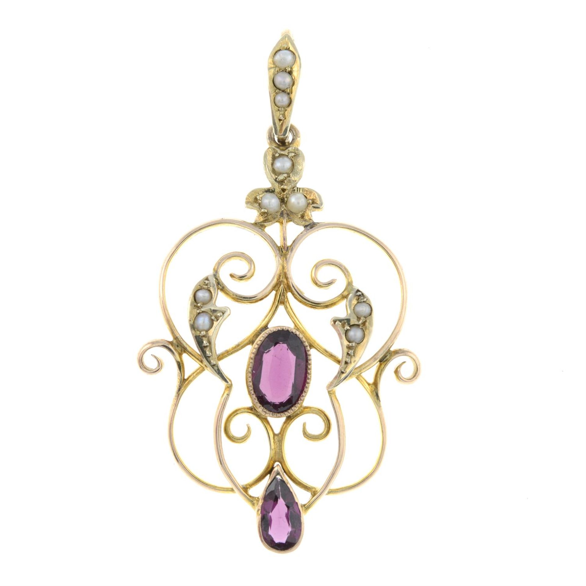 An early 20th century 9ct gold garnet and split pearl pendant.