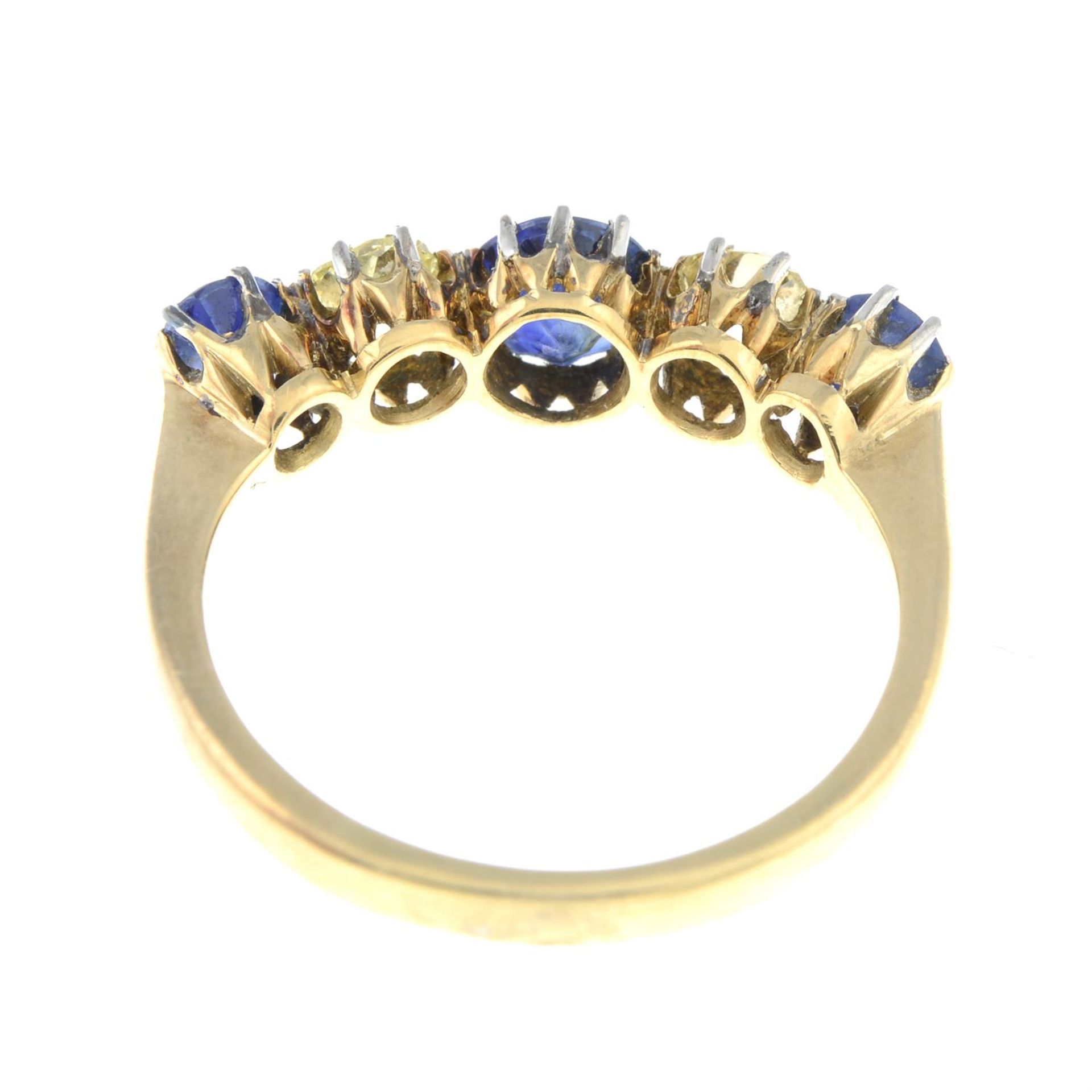 A sapphire and old-cut 'yellow' diamond five-stone ring. - Image 2 of 2