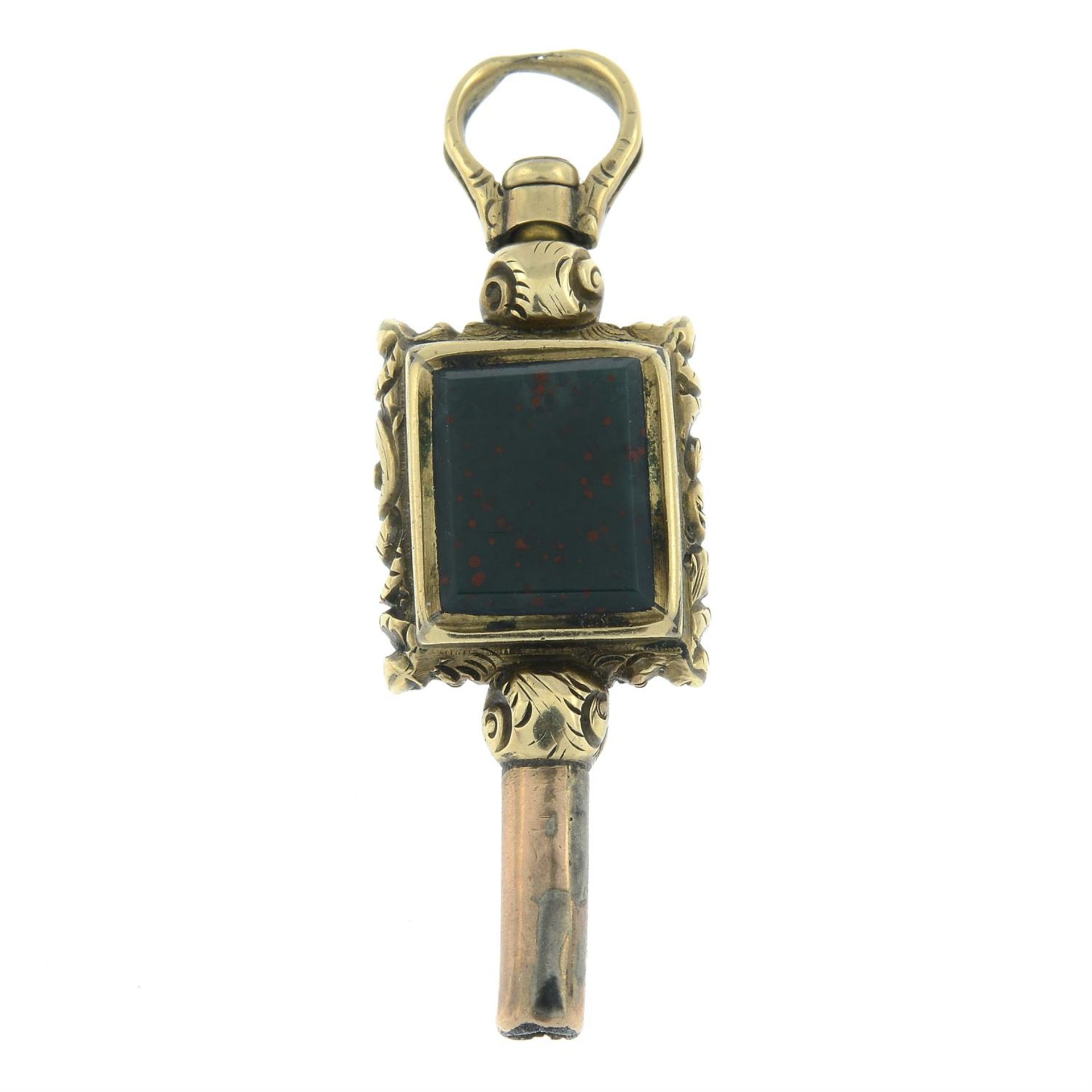 A 19th century bloodstone and foil-back gem watch key.