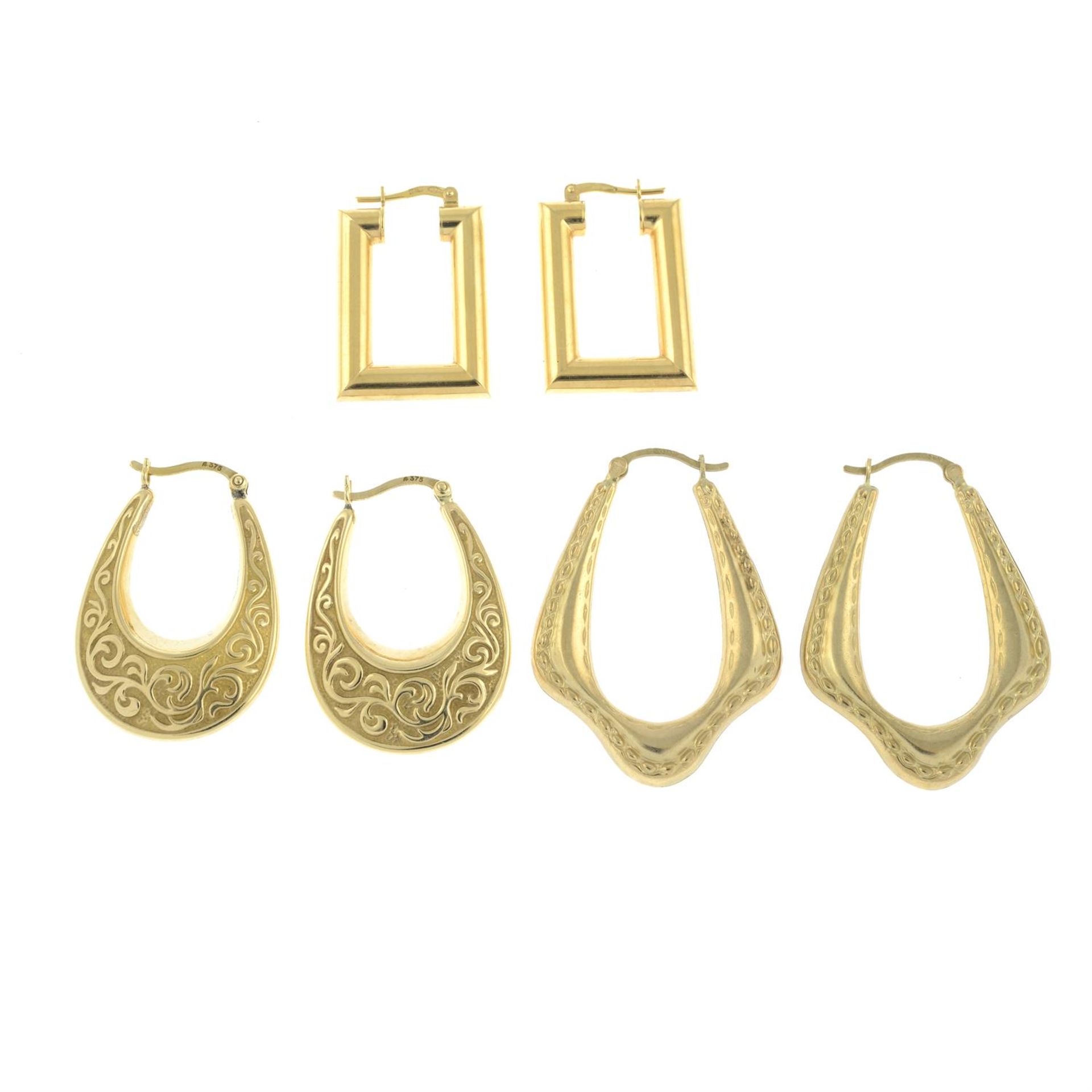 Three pairs of 9ct gold hoop earrings.