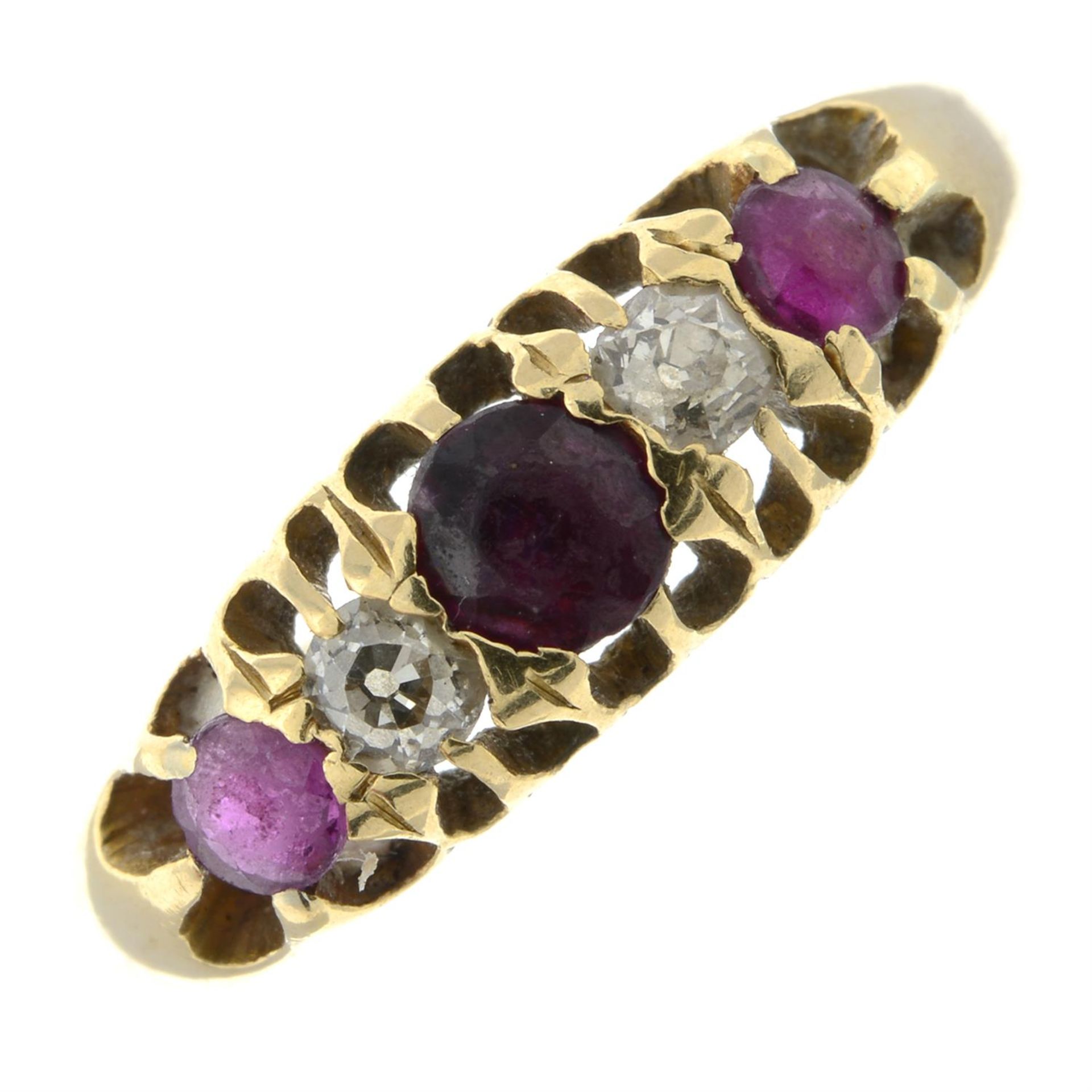 An early 20th century ruby and diamond five-stone ring.