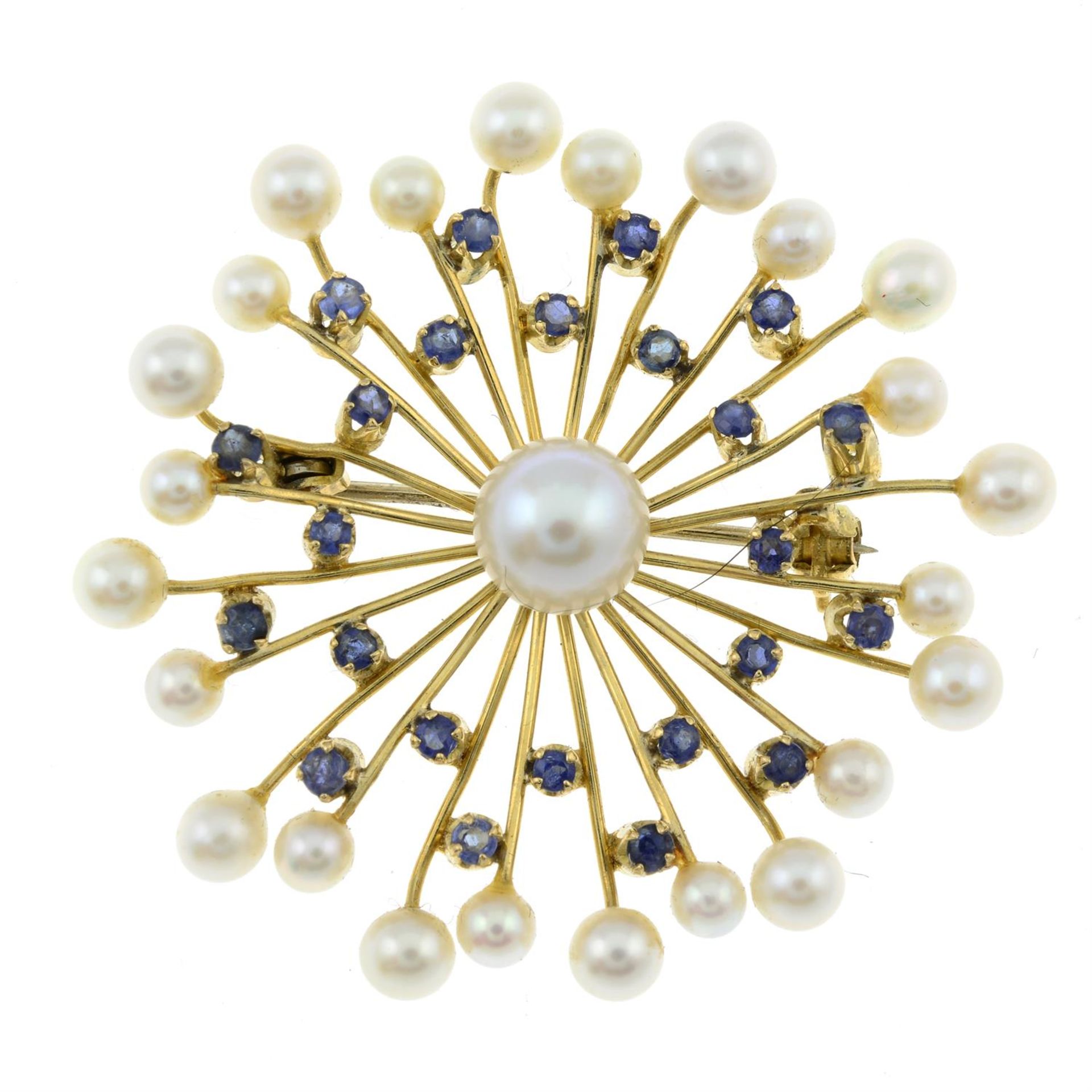 A cultured pearl and sapphire cluster brooch.