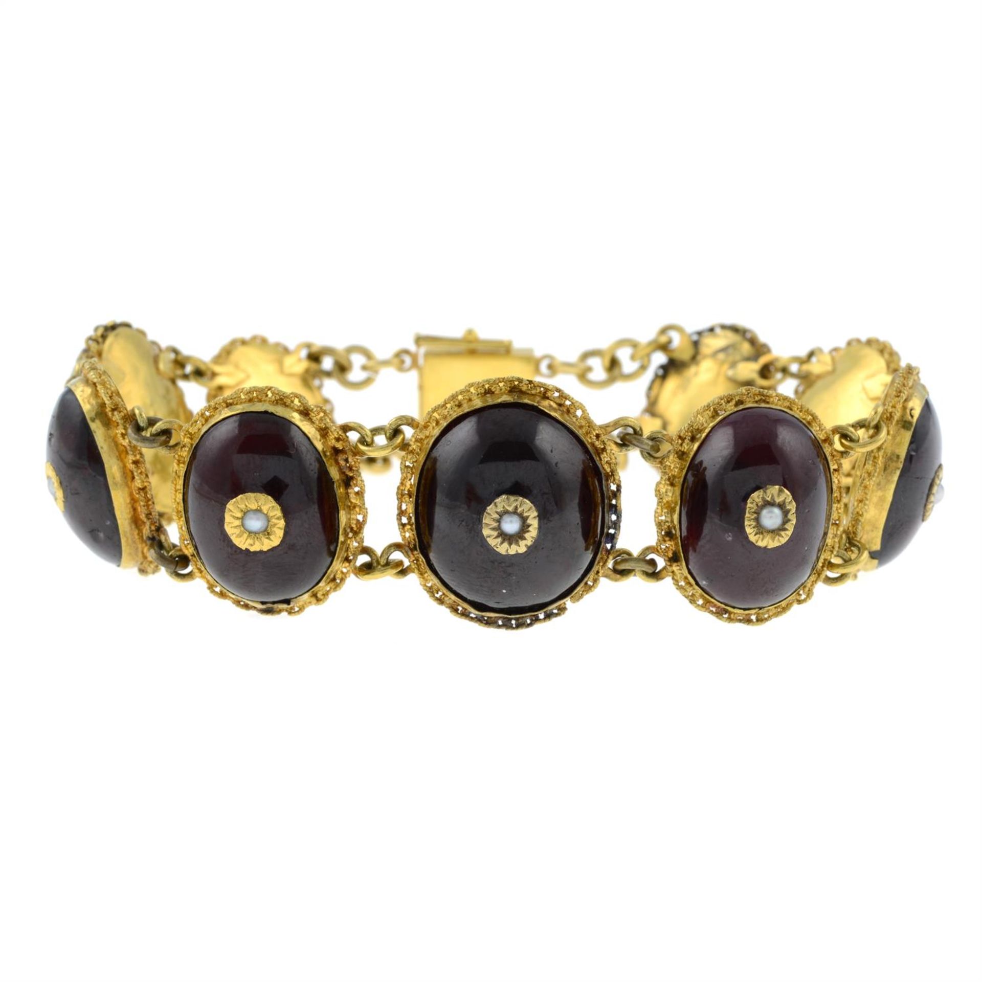 A 19th century gold foil-back garnet and split pearl bracelet. - Image 2 of 4