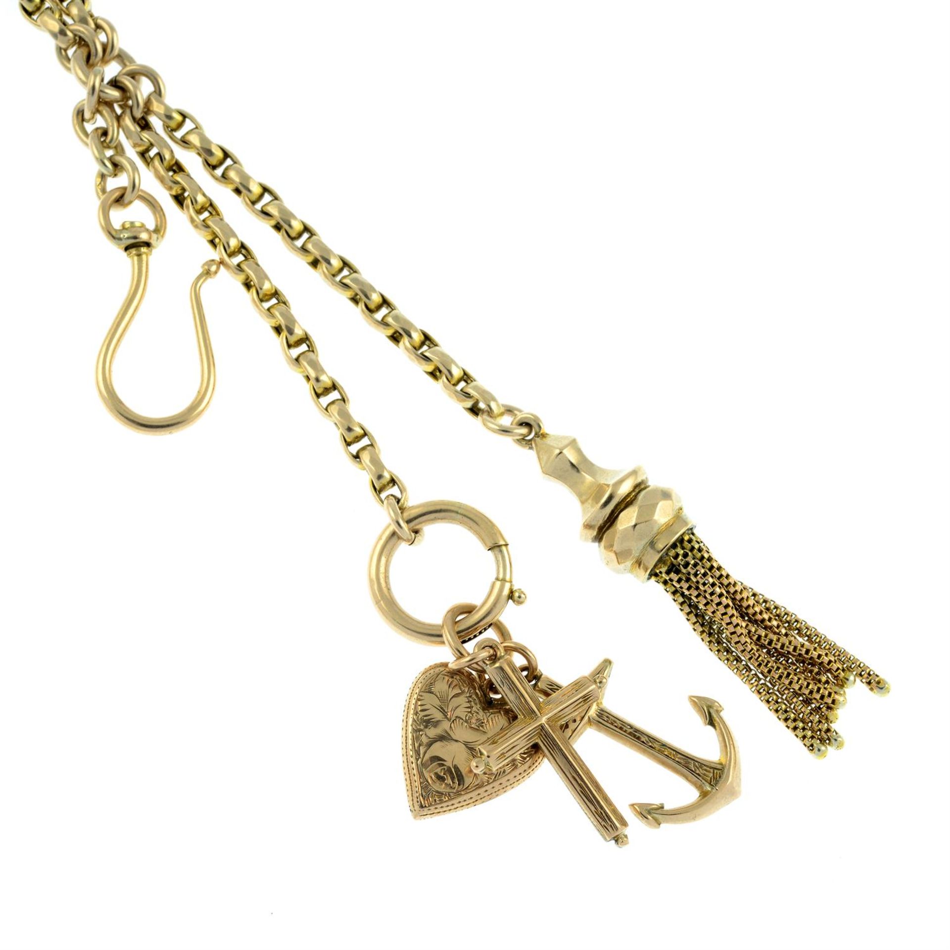 An early 20th century Albertina, suspending a tassel and three charms. - Image 2 of 3