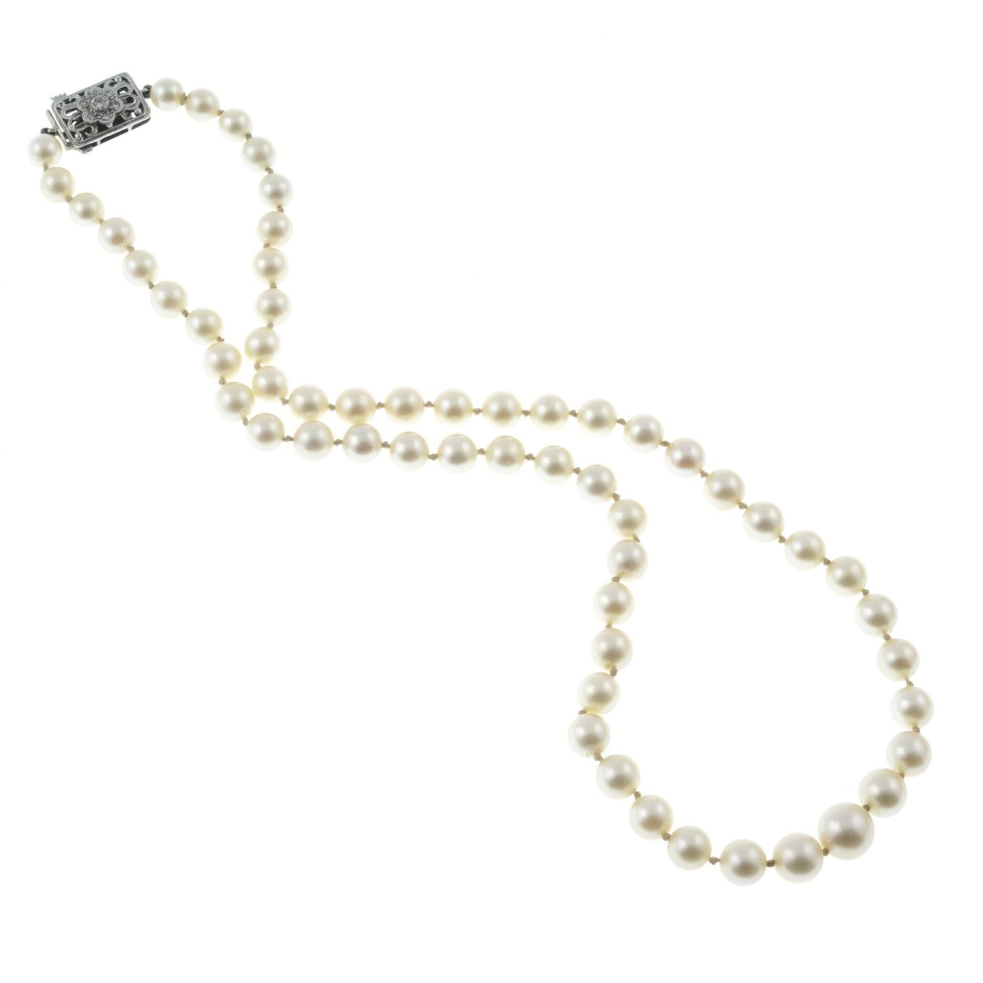 A slightly graduated cultured pearl single-strand necklace, with 9ct gold diamond floral clasp.