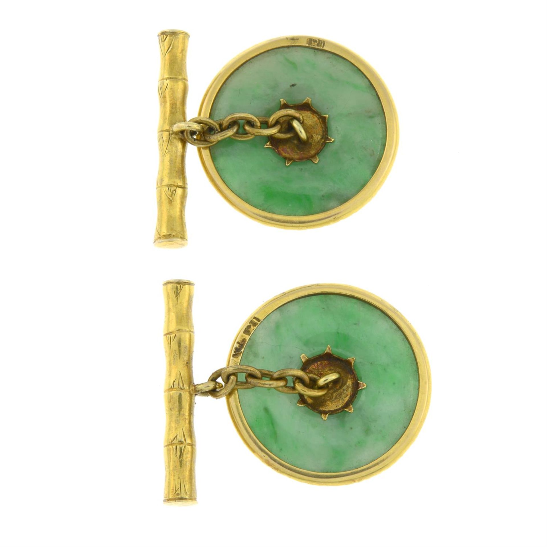 A pair of jade cufflinks, with bamboo motif. - Image 2 of 2