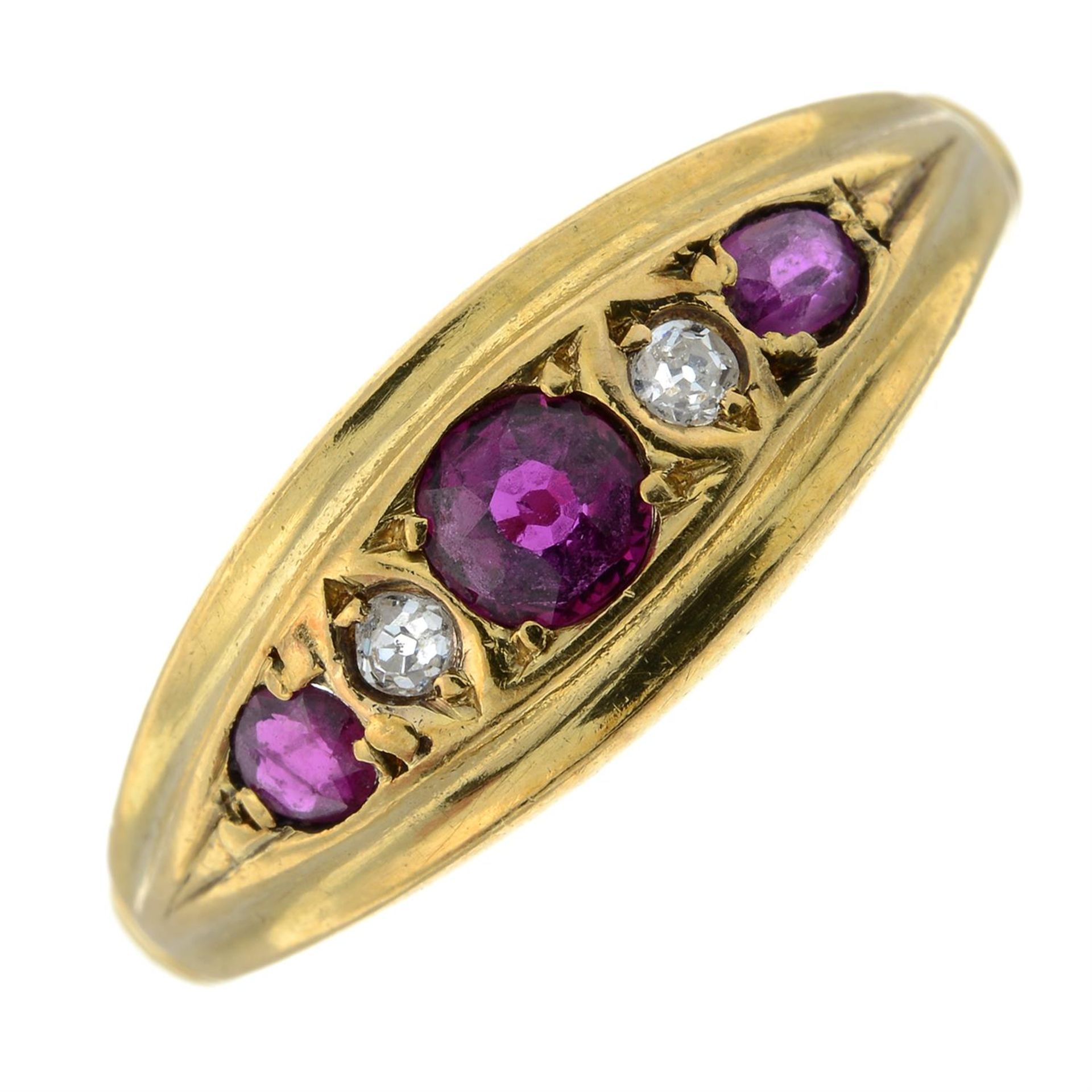 An early 20th century ruby and old-cut diamond five-stone ring.
