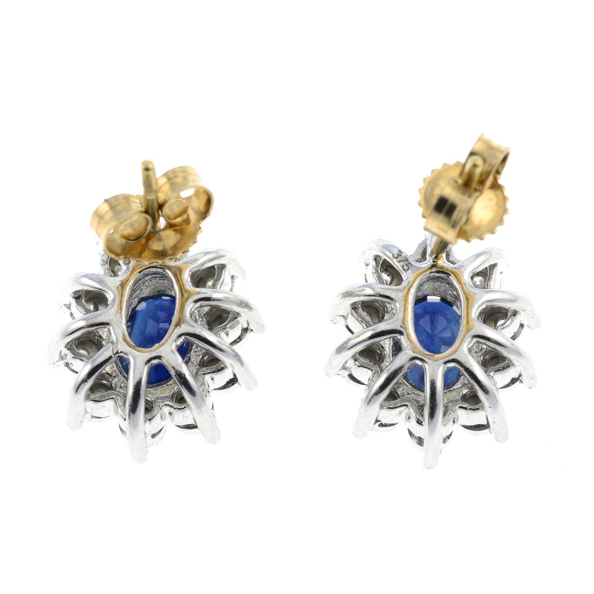 A pair of 9ct gold sapphire and diamond cluster earrings. - Image 2 of 2