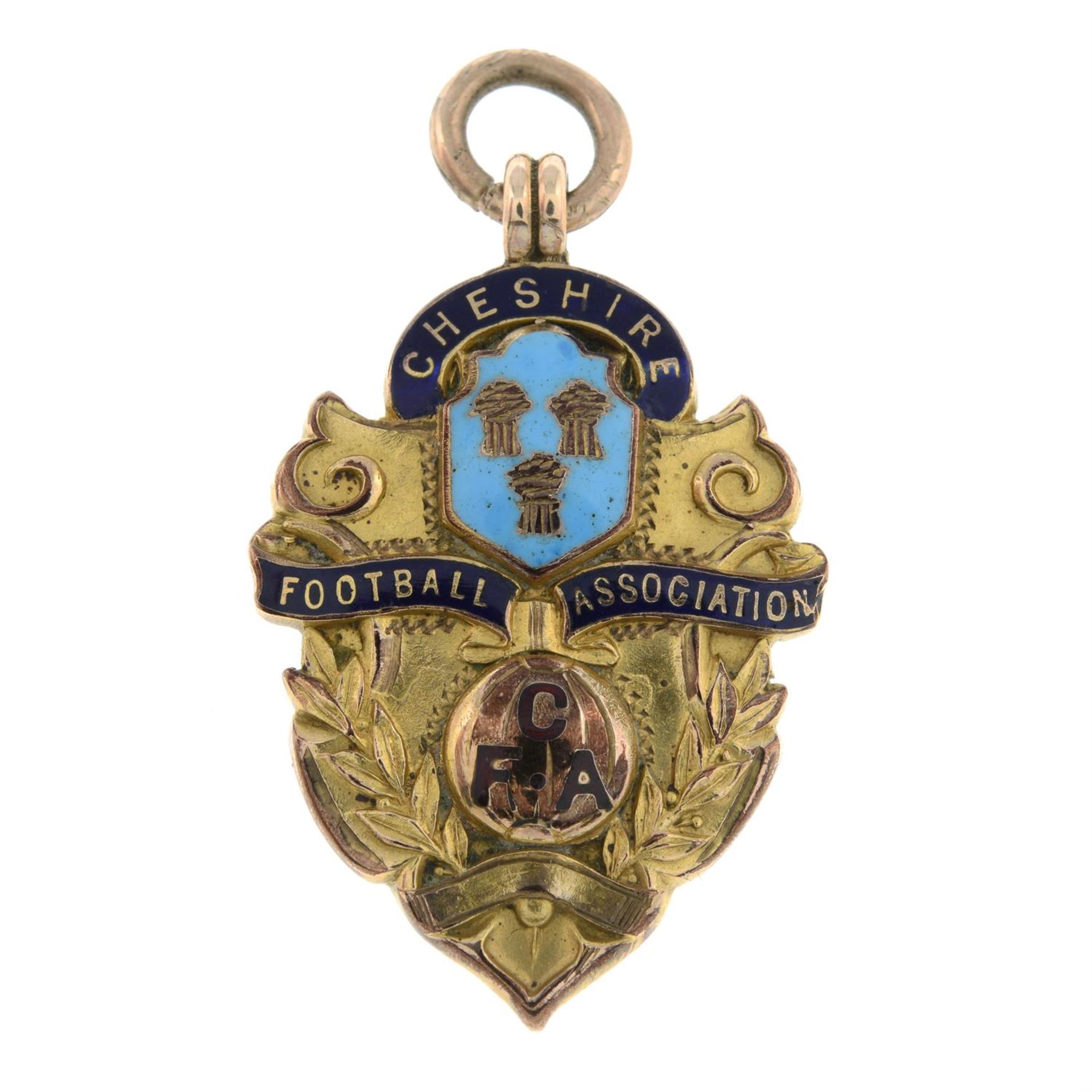 An early 20th century 9ct gold enamel 'Cheshire Football association' medallion pendant.