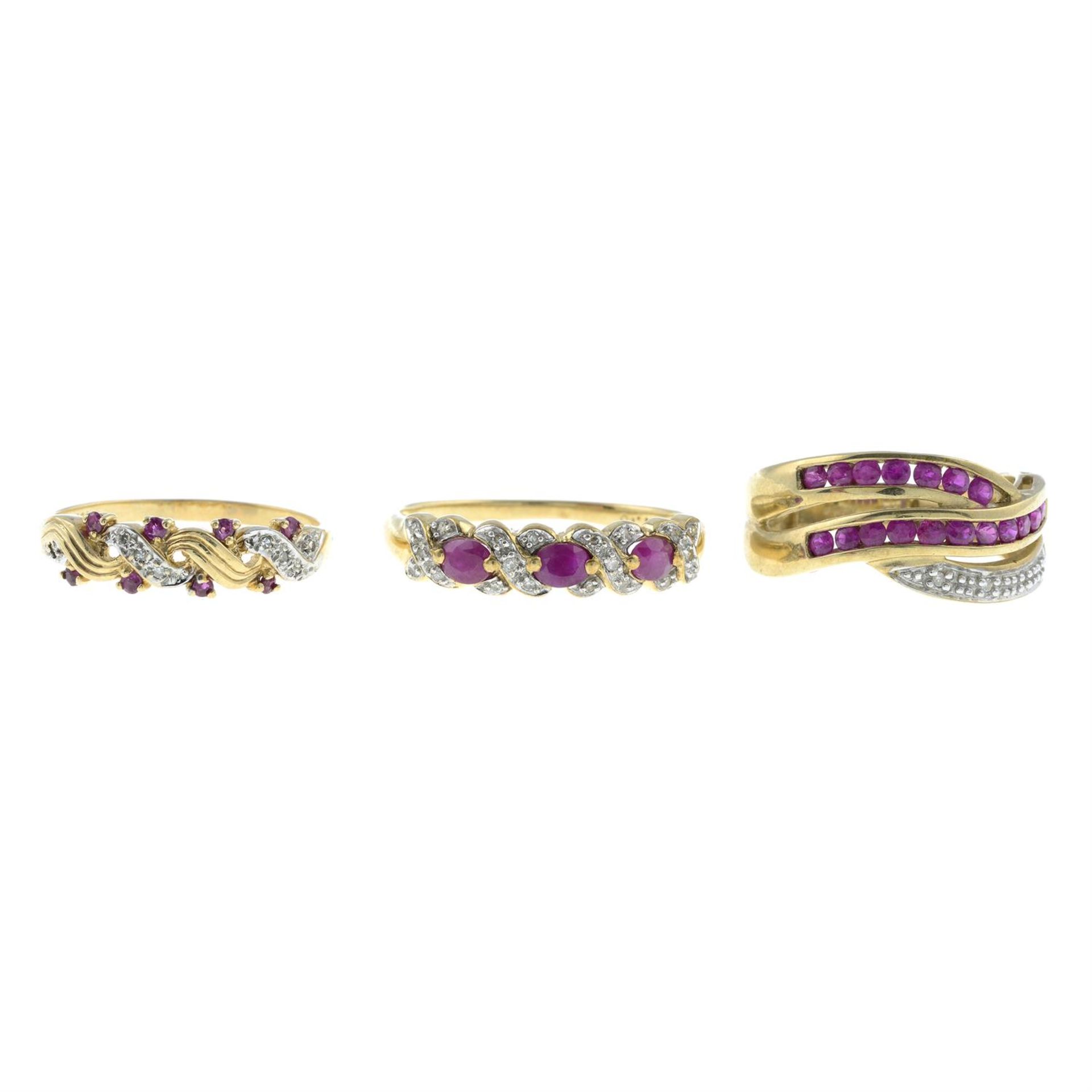 Three 9ct gold ruby and diamond rings.