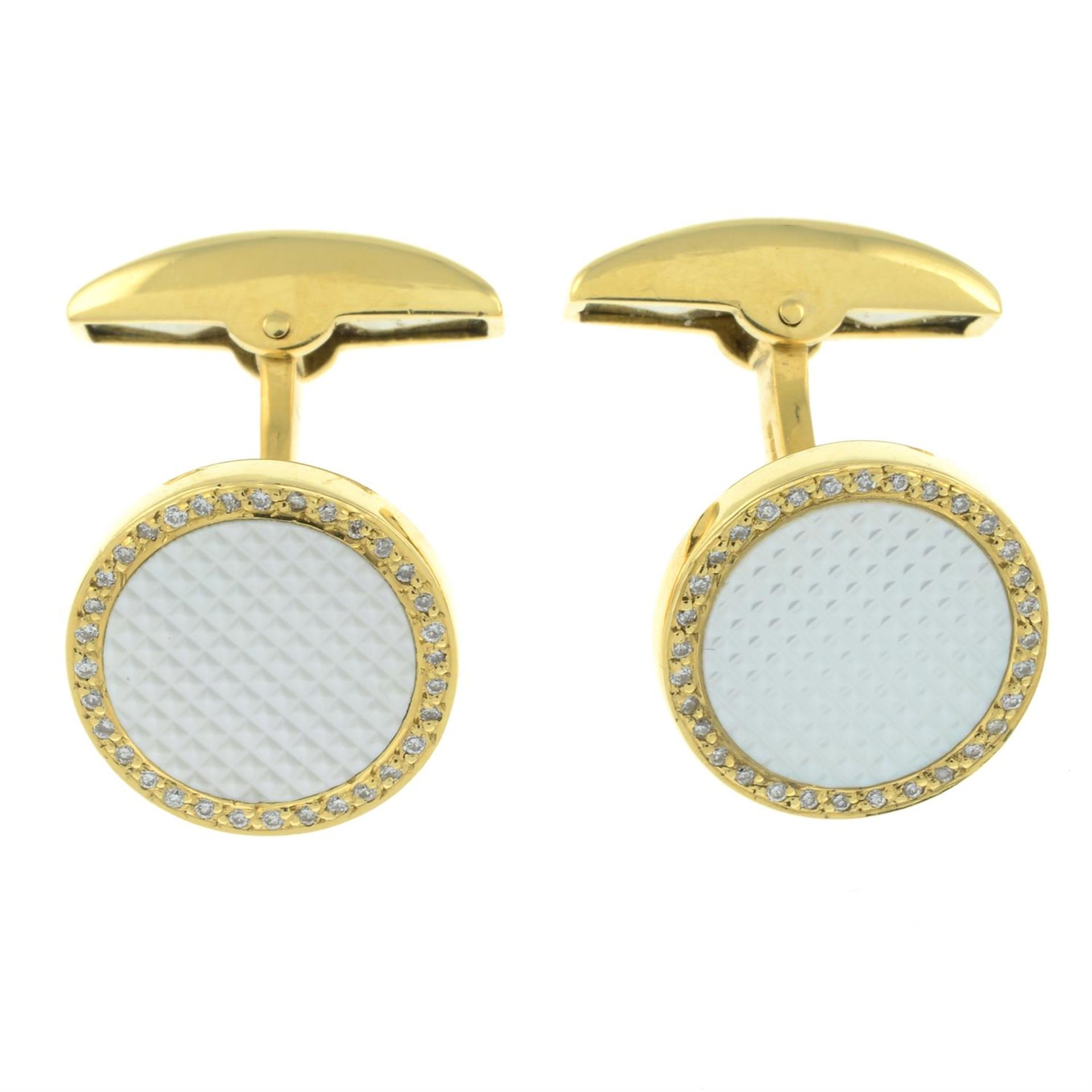 A pair of 18ct gold mother-of-pearl and diamond circular-shape cufflinks, by Deakin & Francis.