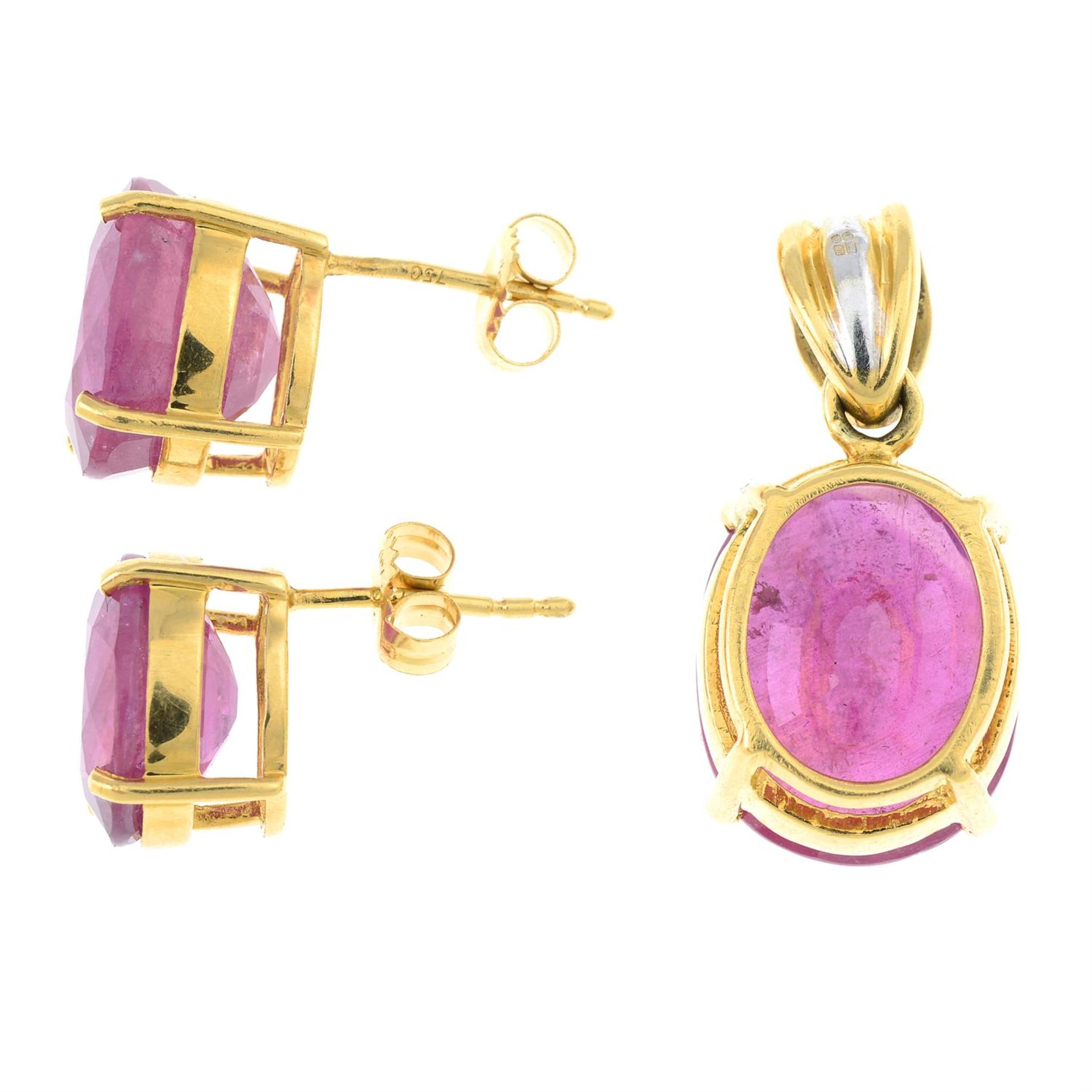 An 18ct gold glass-filled ruby and diamond pendant, together with a pair of glass-filled ruby - Image 2 of 2