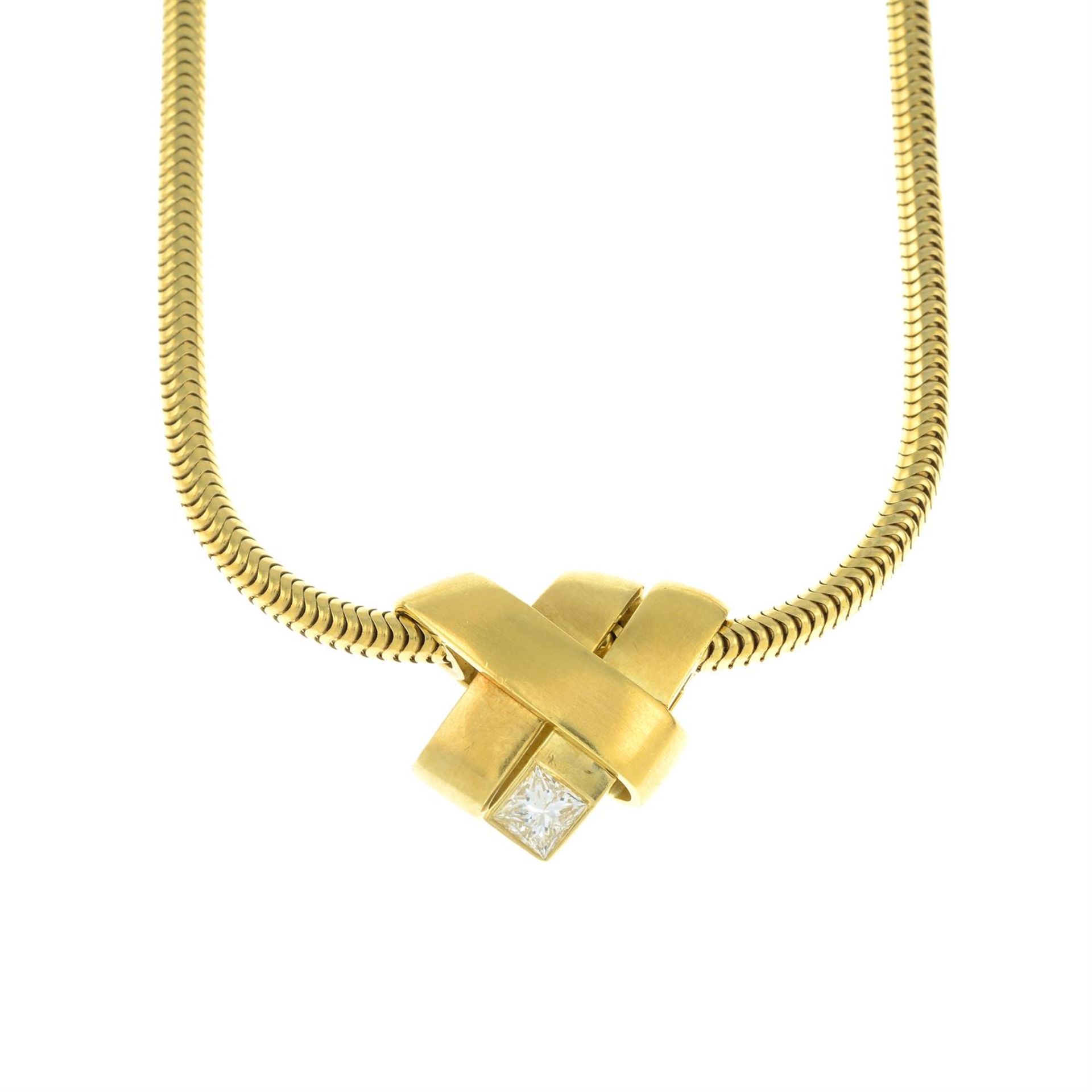 An 18ct gold square-shape diamond pendant, on snake-link chain, by Boodles.