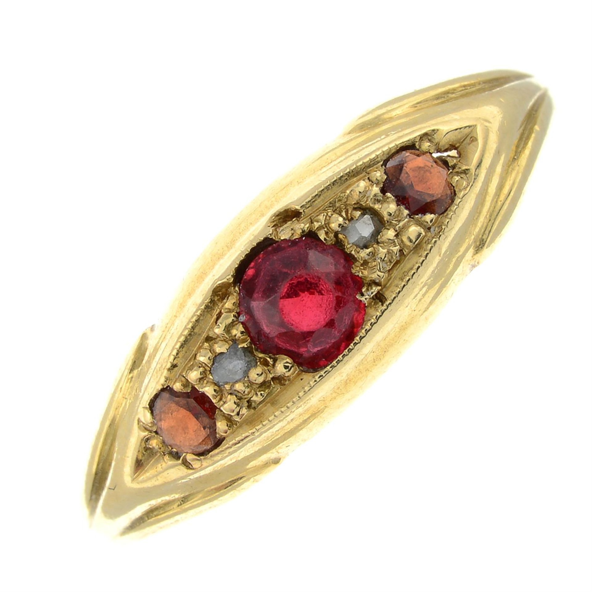 An early 20th century 18ct gold garnet-topped doublet, garnet and rose-cut diamond ring.