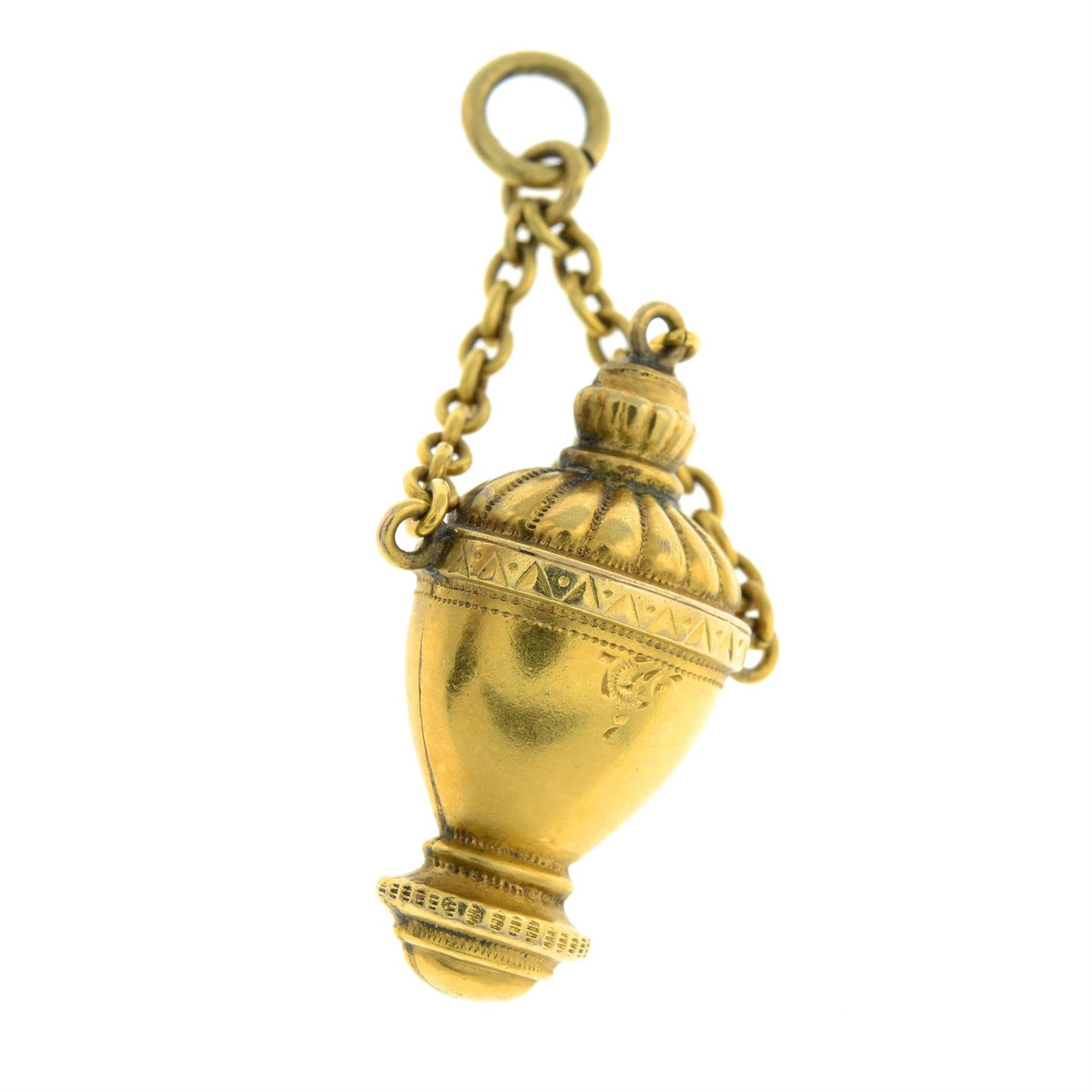 A late 19th century Etruscan Revival 15ct gold urn pendant. - Image 2 of 2