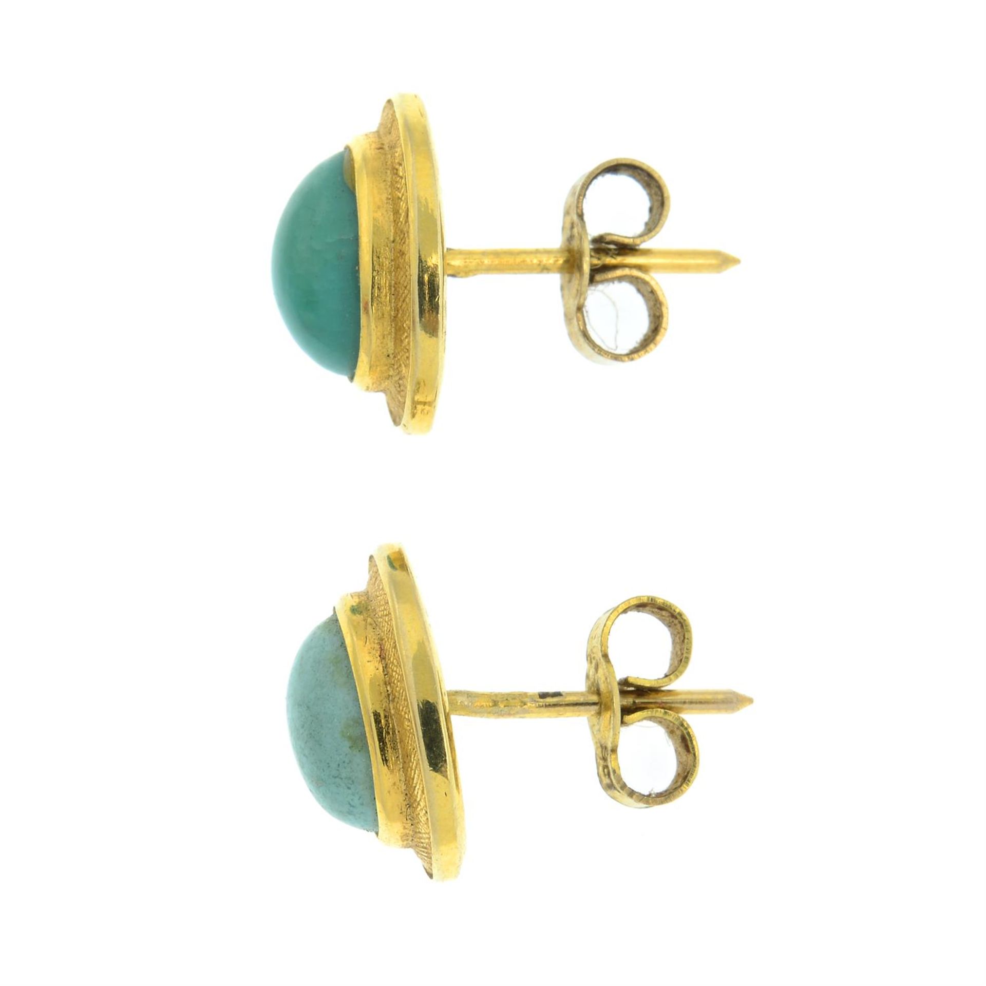 A pair of 9ct gold blue gem cabochon earrings. - Image 2 of 2