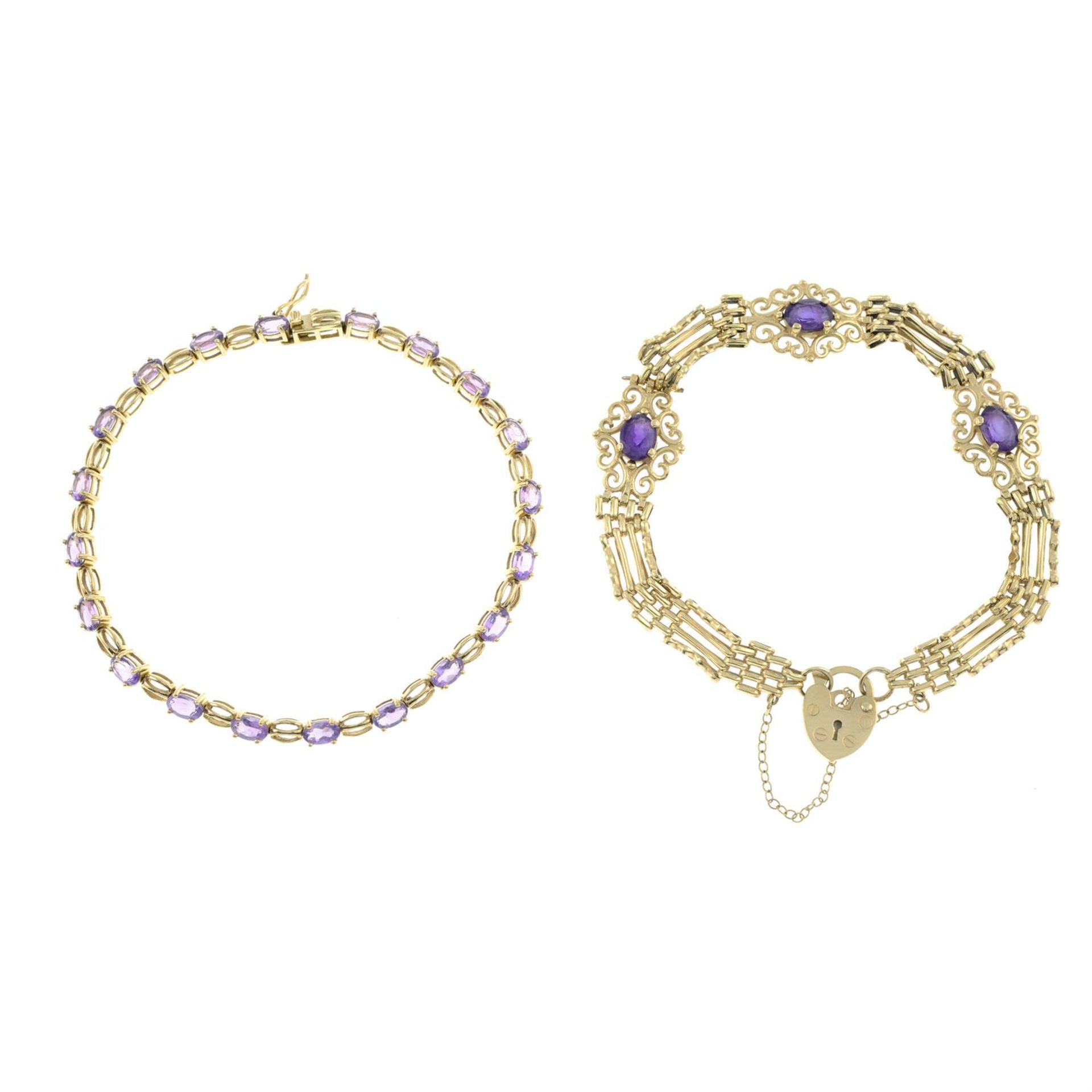 Two 9ct gold amethyst bracelets.