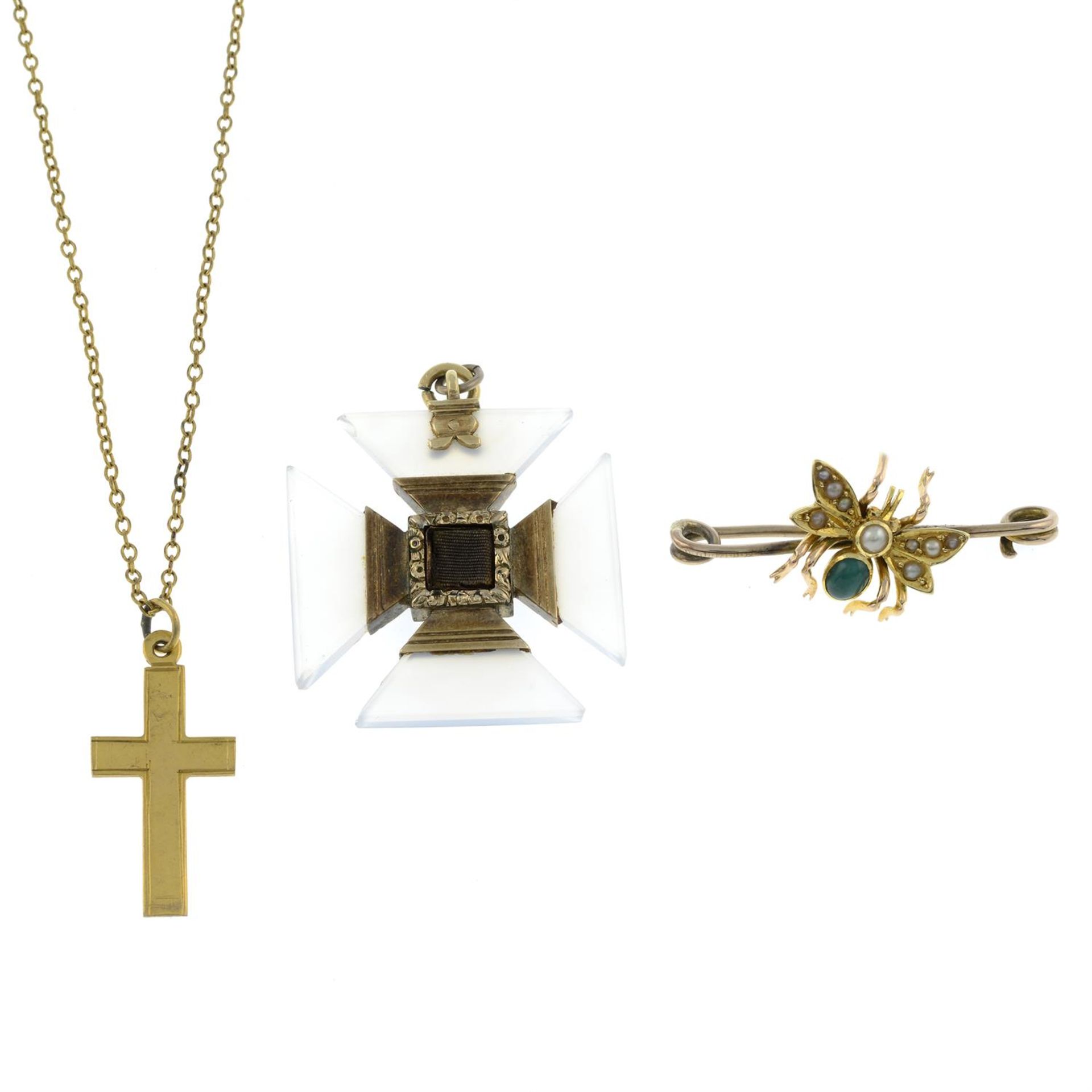 An early 19th century agate Maltese cross pendant, together with a cross pendant and chain and a