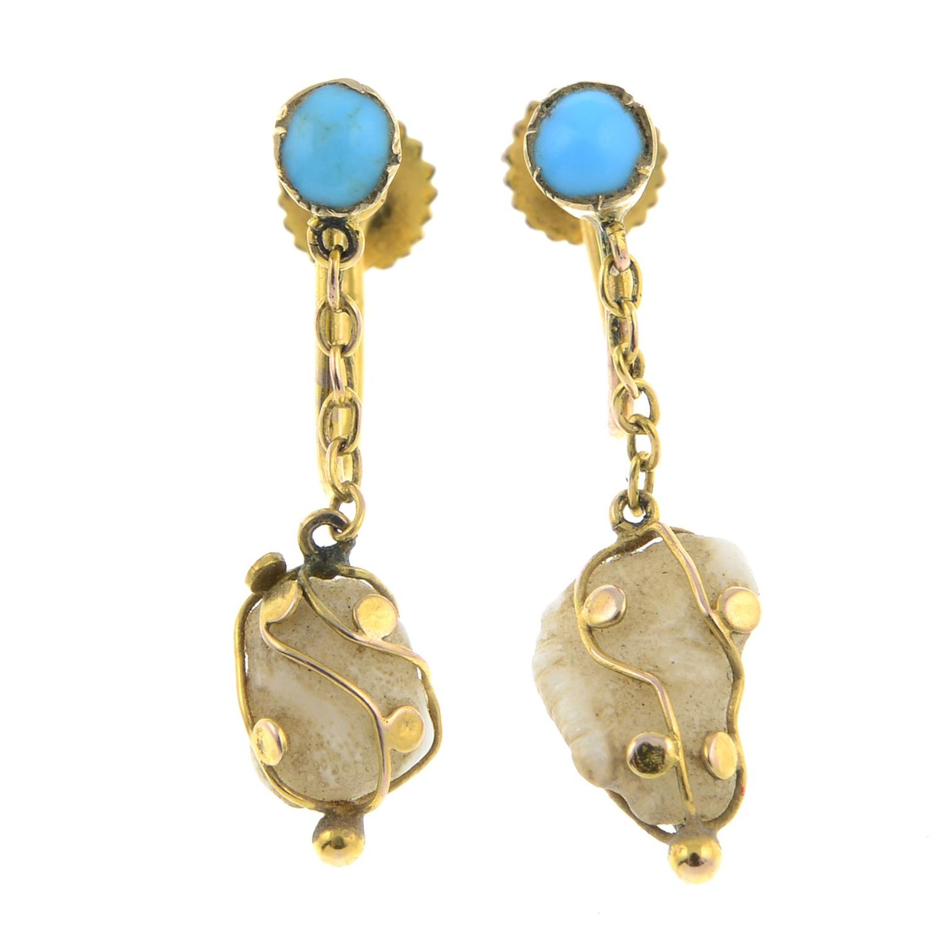 A pair of early to mid 20th century 9ct gold pearl and turquoise drop earrings.