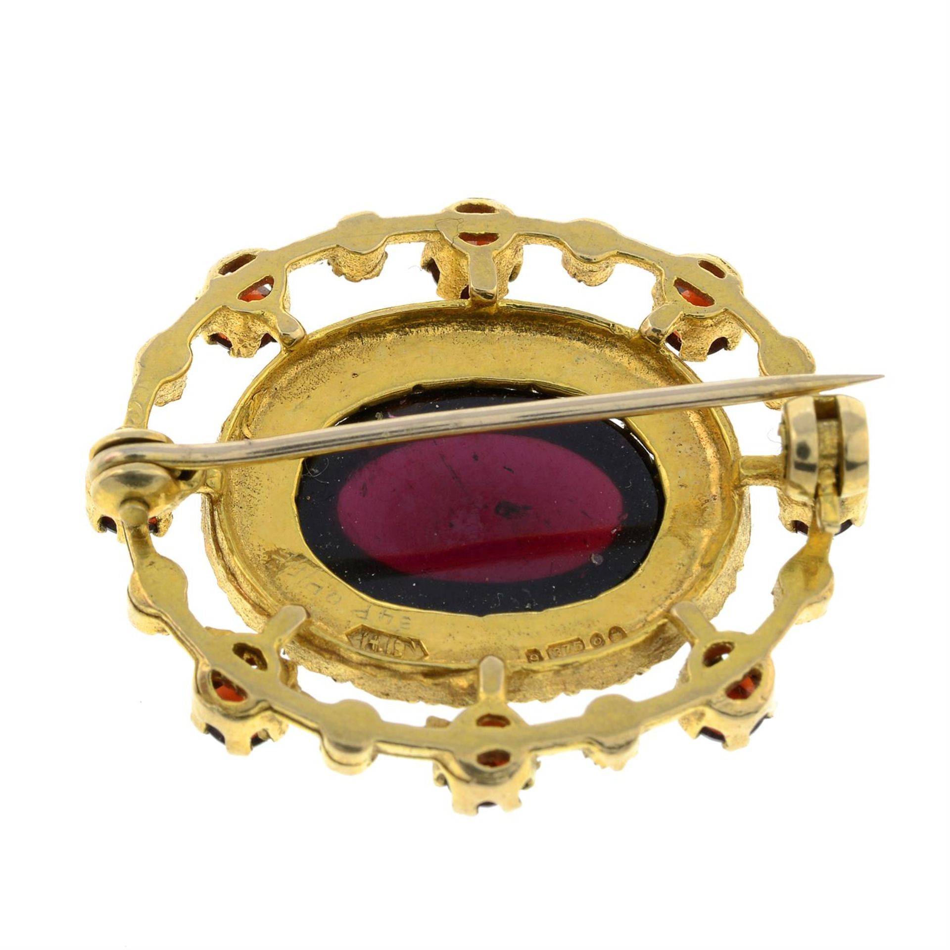 A 9ct gold garnet and split pearl cluster brooch. - Image 2 of 2