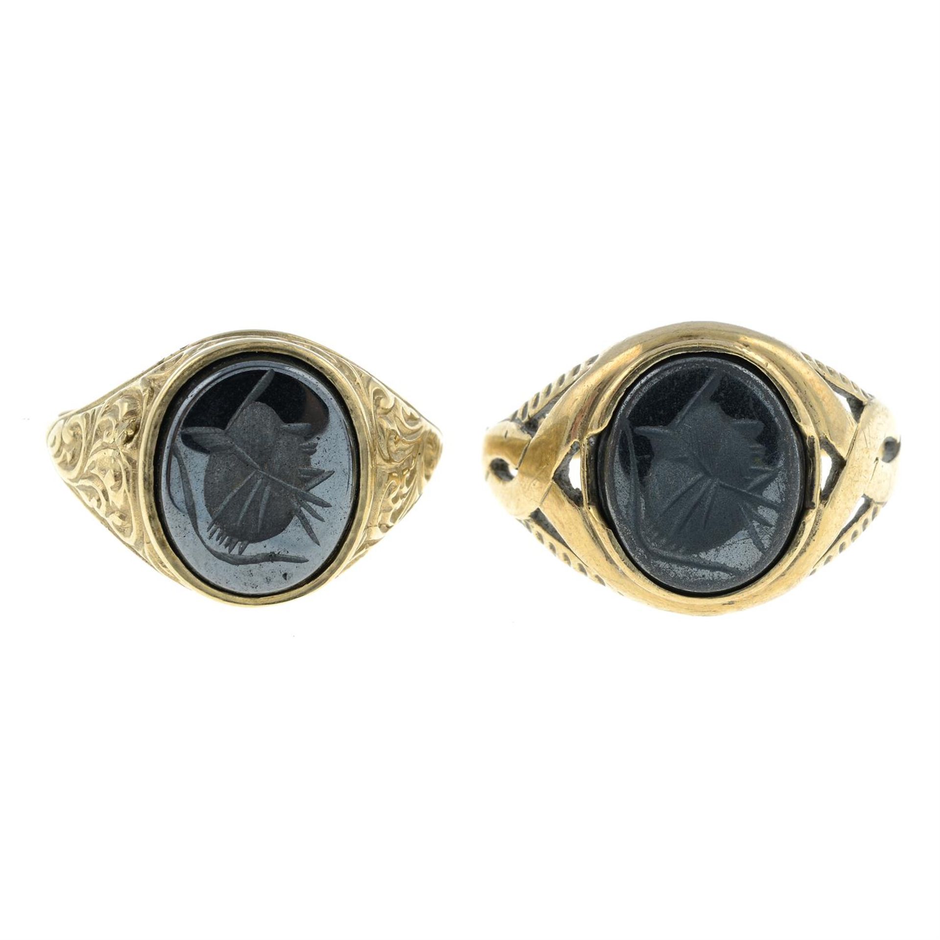 Two 9ct gold hematite signet rings.