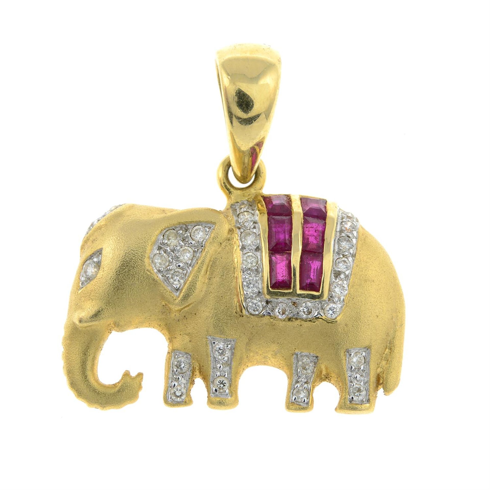 A ruby and diamond elephant pendant.