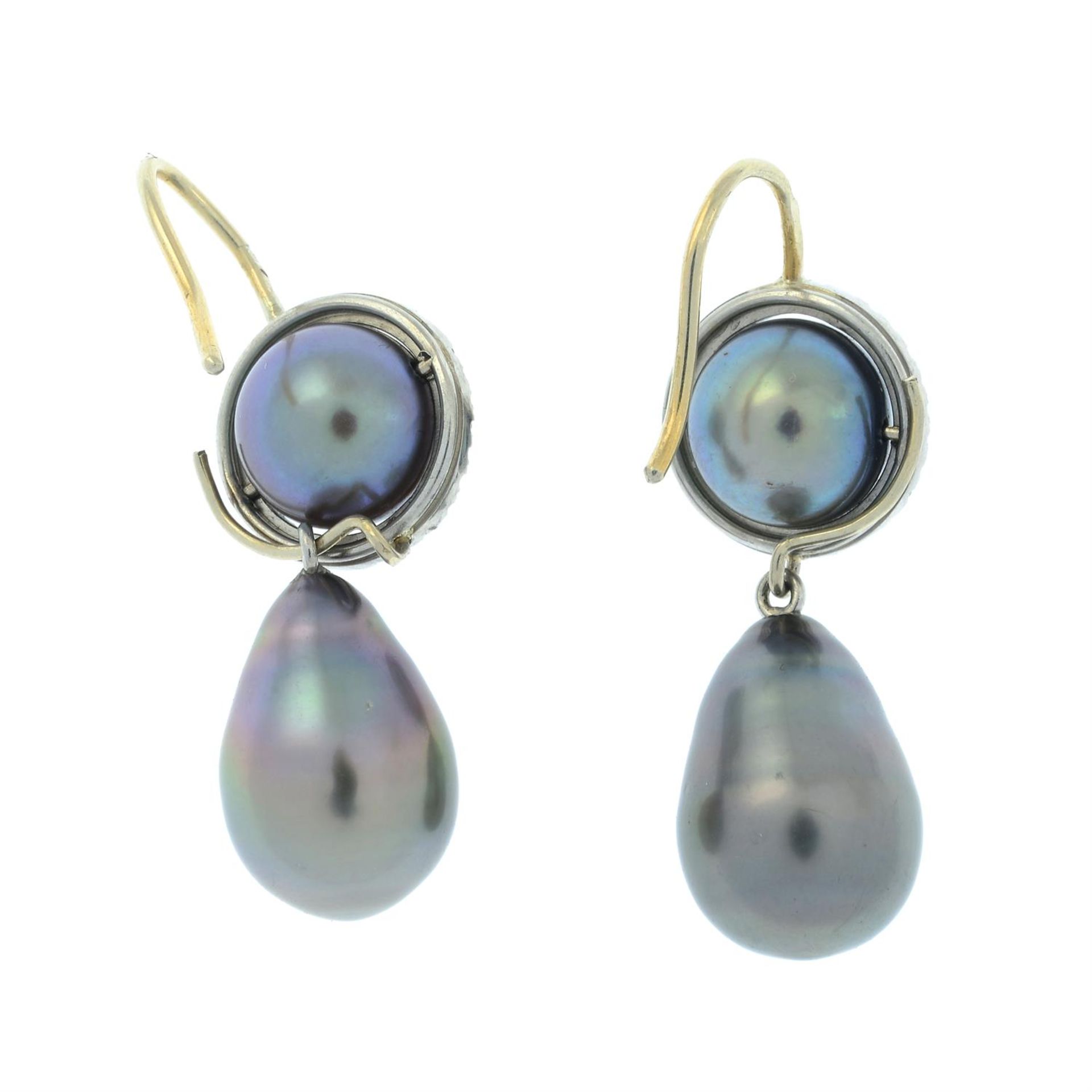 A pair of cultured pearl and diamond drop earrings. - Image 2 of 2