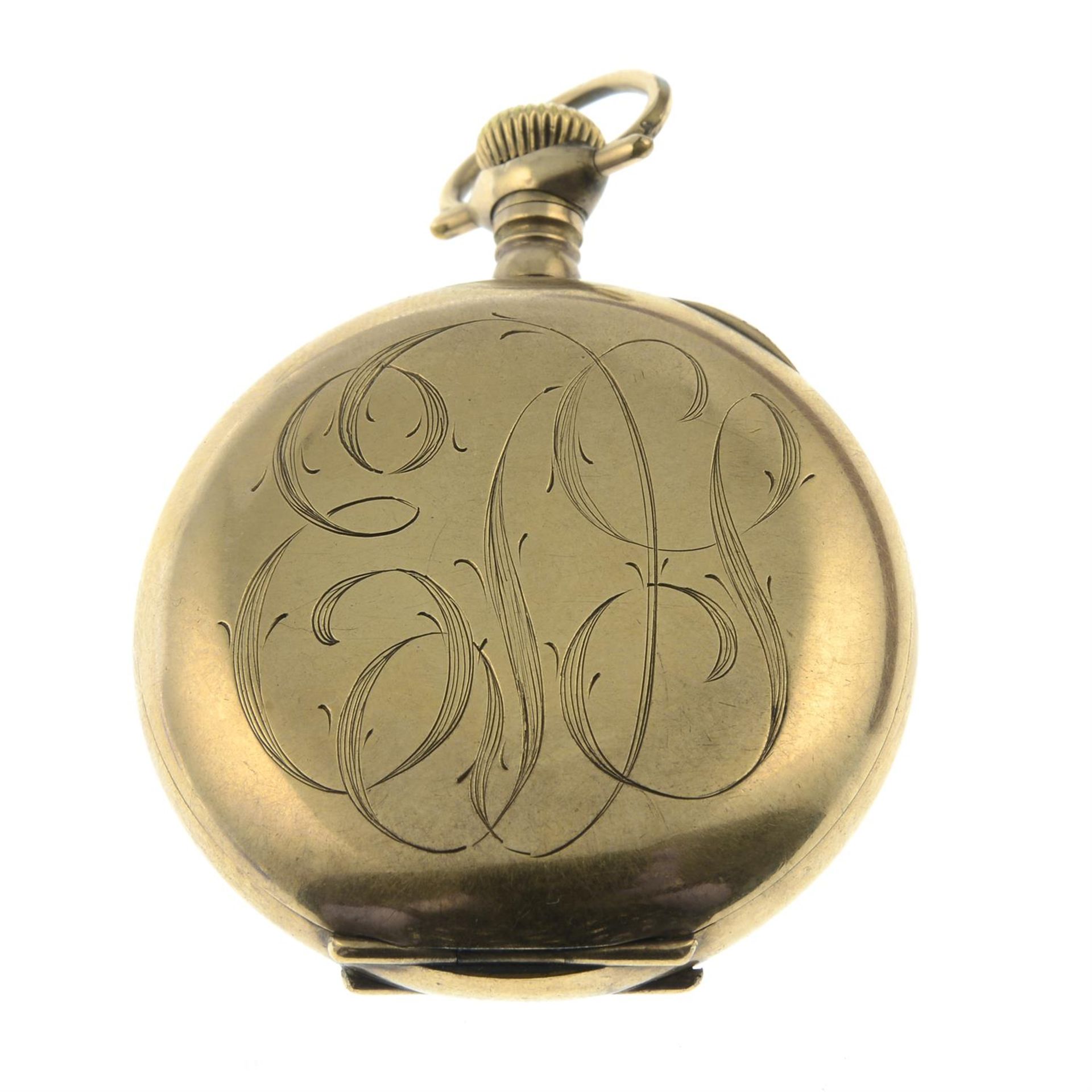 A late 19th century gold plated pocket watch, with engraved case. - Image 2 of 2