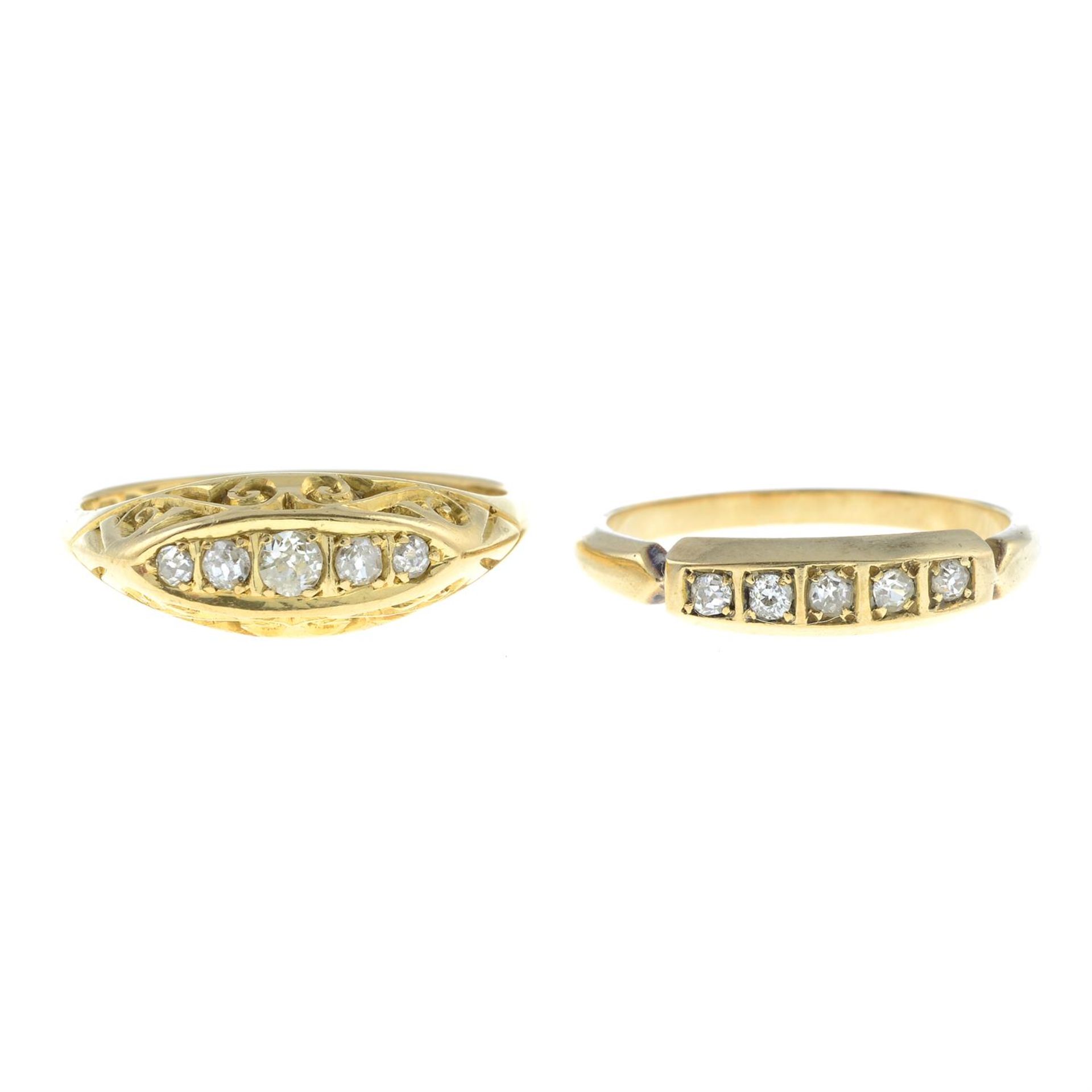 Two early 20th century gold diamond five-stone rings.