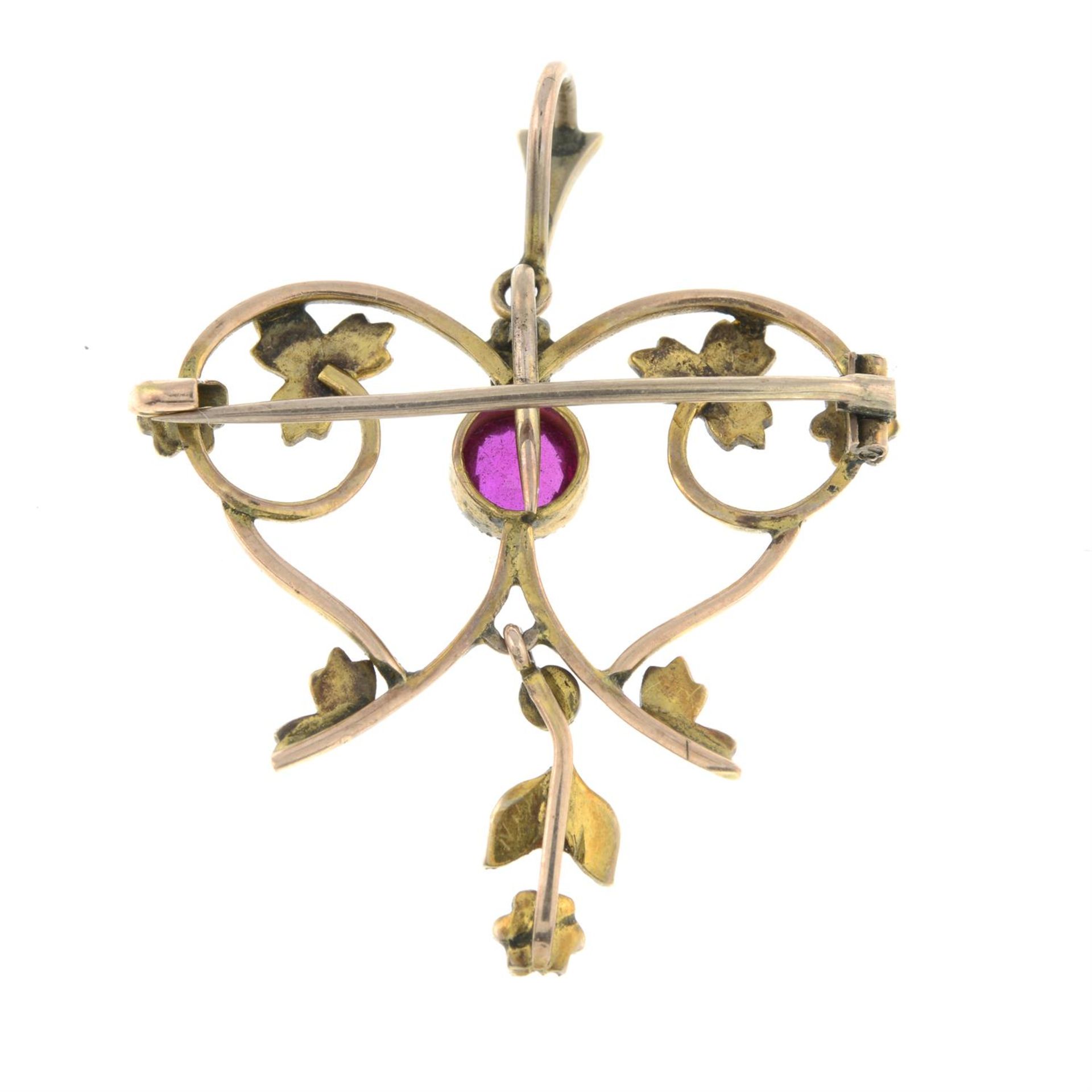 A late Victorian synthetic ruby and split pearl drop pendant/ brooch. - Image 2 of 2