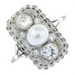 A circular-cut diamond and pearl ring.