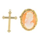 A 9ct gold shell cameo brooch and a 9ct gold cross pendant.