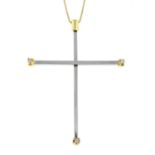 A cross pendant, with diamond accent terminals and chain.