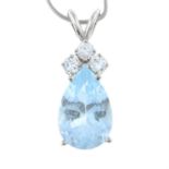 A pear-shaped aquamarine and diamond pendant, with chain.