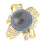 A cultured pearl and baguette-cut diamond dress ring.