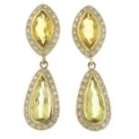 A pair of citrine and diamond drop earrings.