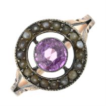 An early 20th century synthetic pink sapphire and seed pearl cluster ring.