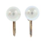 A pair of cultured pearl earrings.